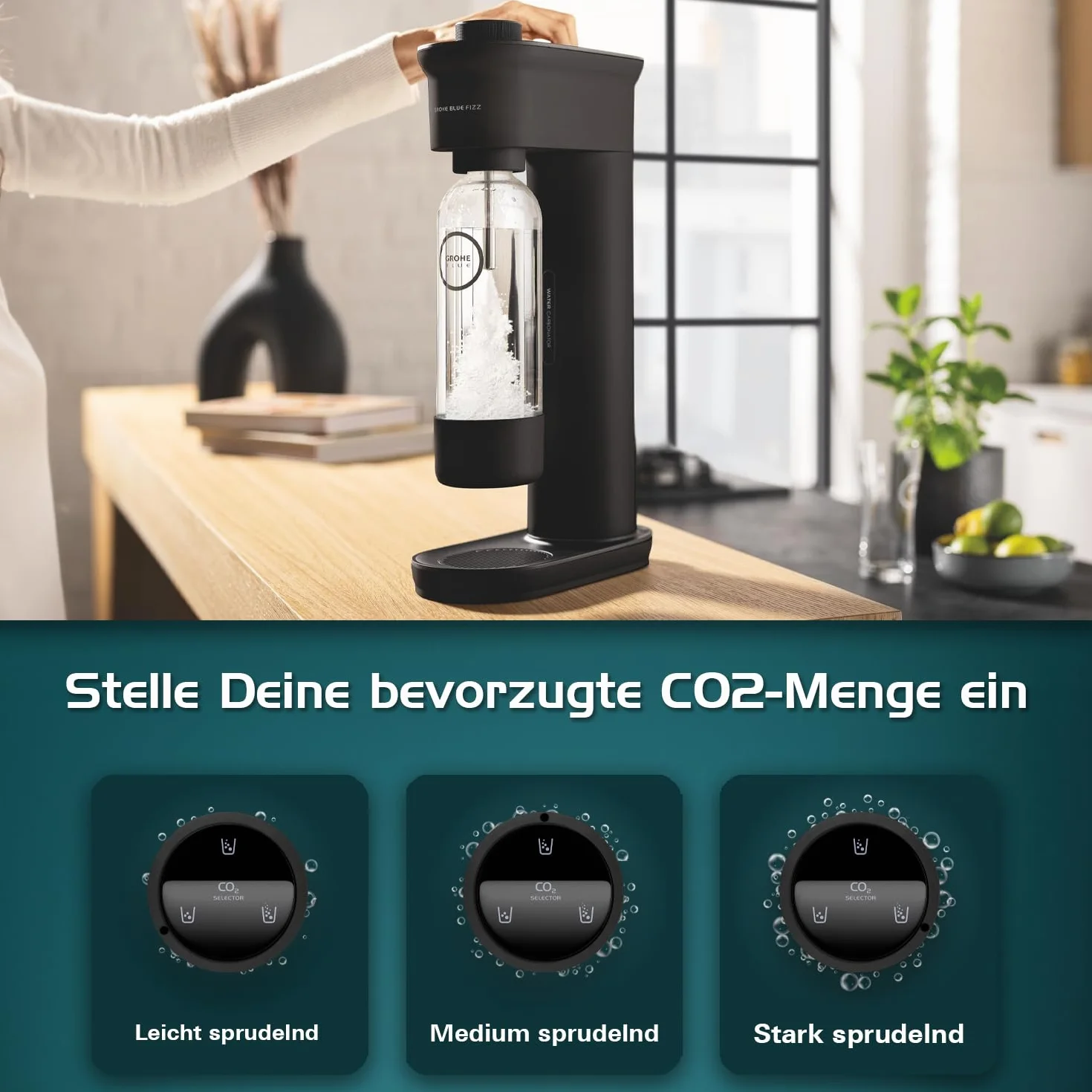 GROHE Blue Fizz Gasatore Starter Kit, 3 Livelli di Gasatura, senza Bombola CO2, 1 Bottiglia d'Acqua da 0,85 L + Polvere Pulizia, Nero, 31943K00