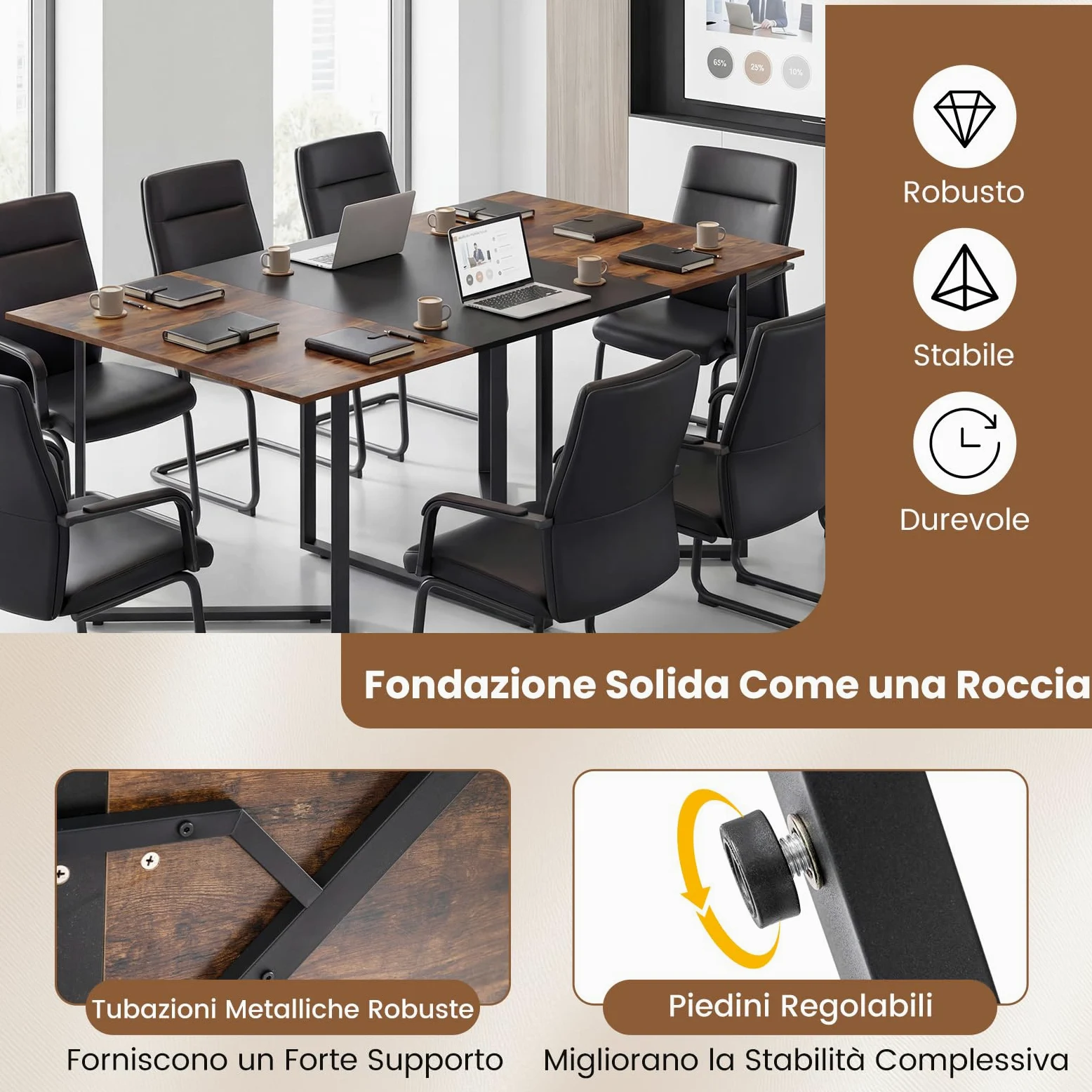 COSTWAY Tavolo da Conferenza 180 x 100 cm, Tavolo Riunioni Grande per 6-8 Persone, Postazione da Lavoro Stile Industriale con 2 Passacavi per Ufficio e Sala Riunioni