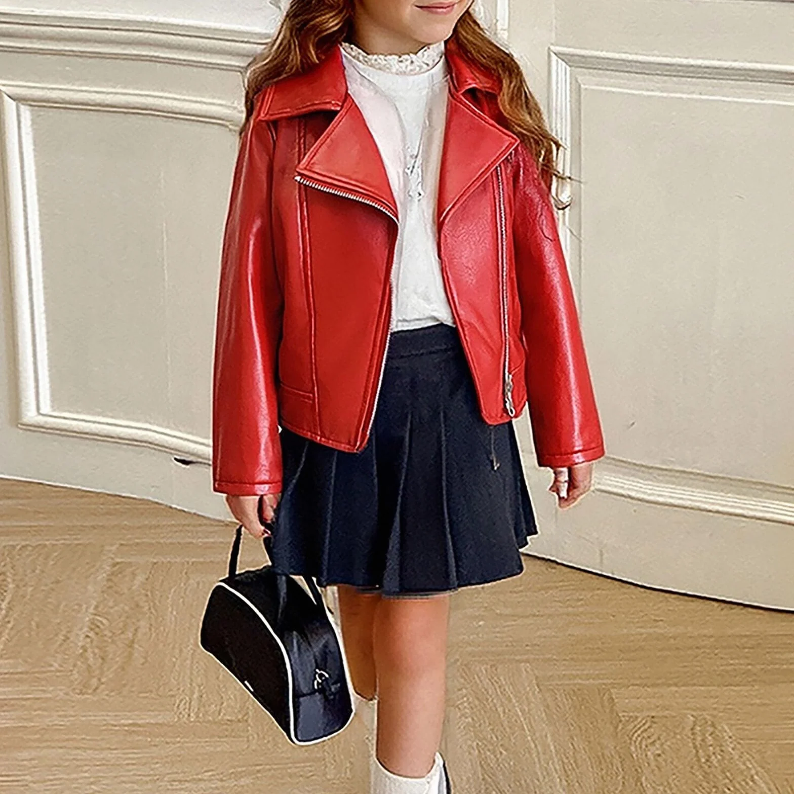 Generisch Ragazze Antivento Caldo Pelle PU Cappotto Sportivo Moto Britannico Giacca funzionale per bambini da 2 a 10 anni Giacca elegante