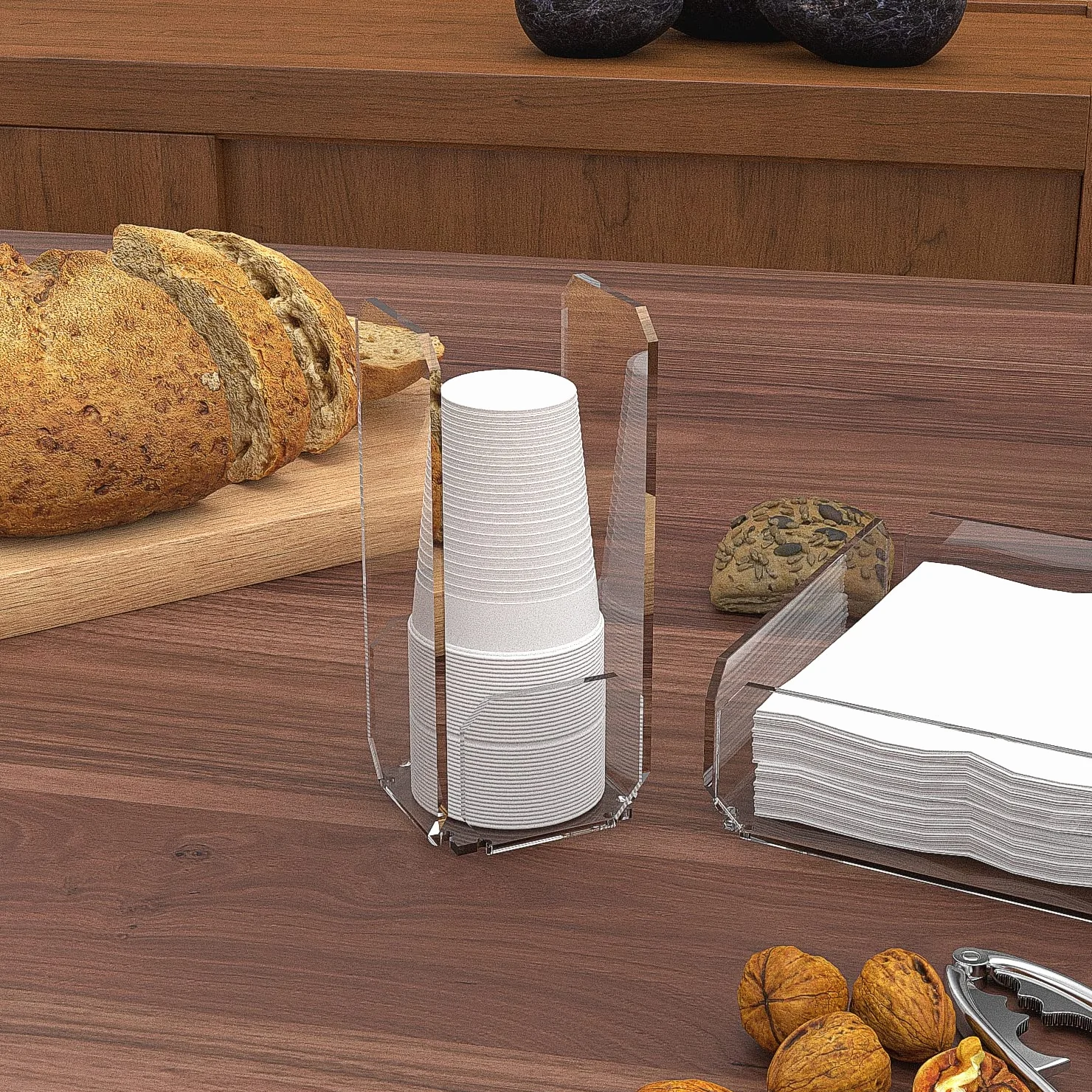 Portabicchieri plastica vetro acrilico trasparente modello Musa, porta bicchieri da tavolo buffet design moderno, made in Italy