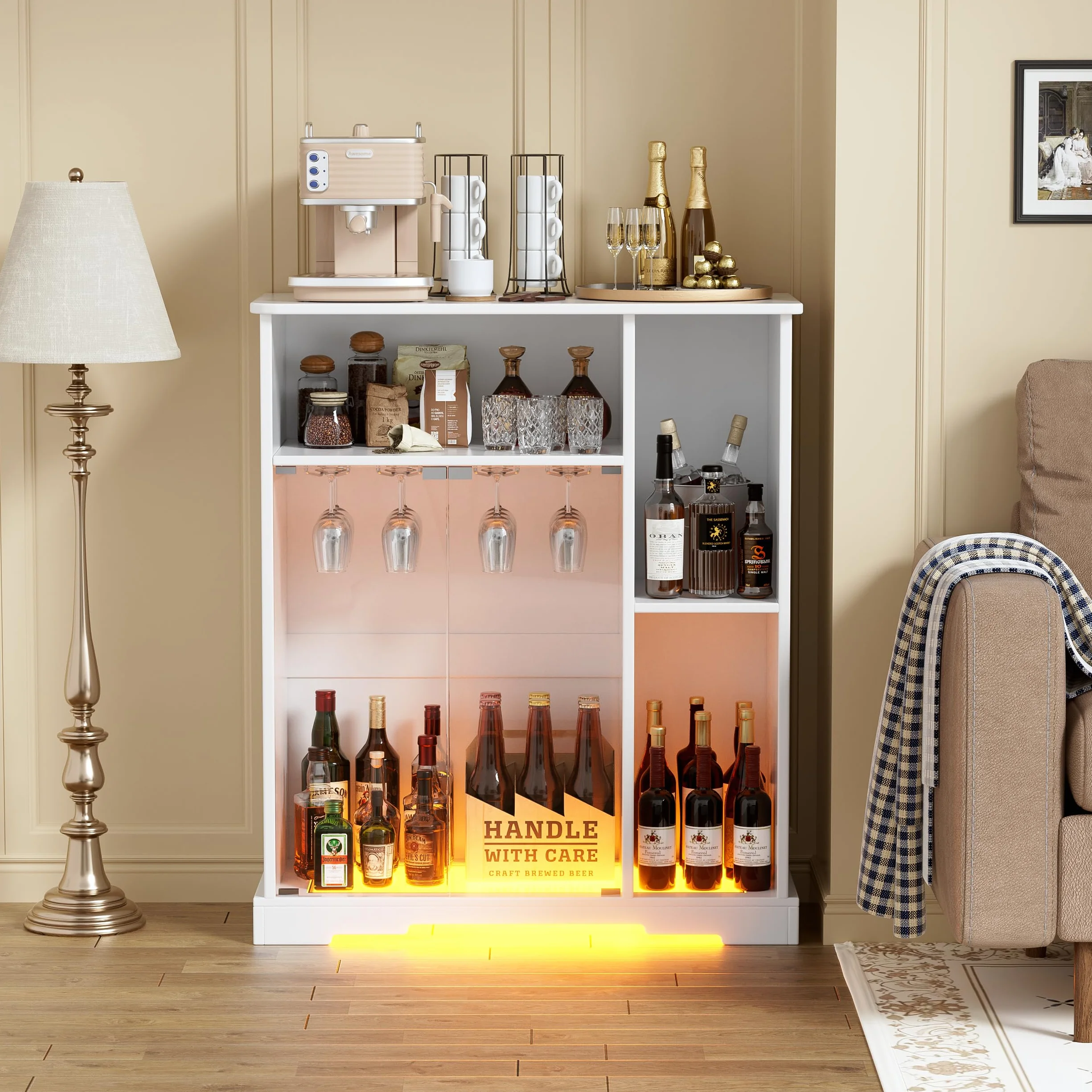 MSFE Mobile Porta Vino e Amari,Armadietto per Vino con Luce a LED,Buffet in Legno,Credenza con Portabicchieri e Porta in Vetro,Armadietto per Vino per Soggiorno,Cucina,Sala da Pranzo,85.4*40*110cm