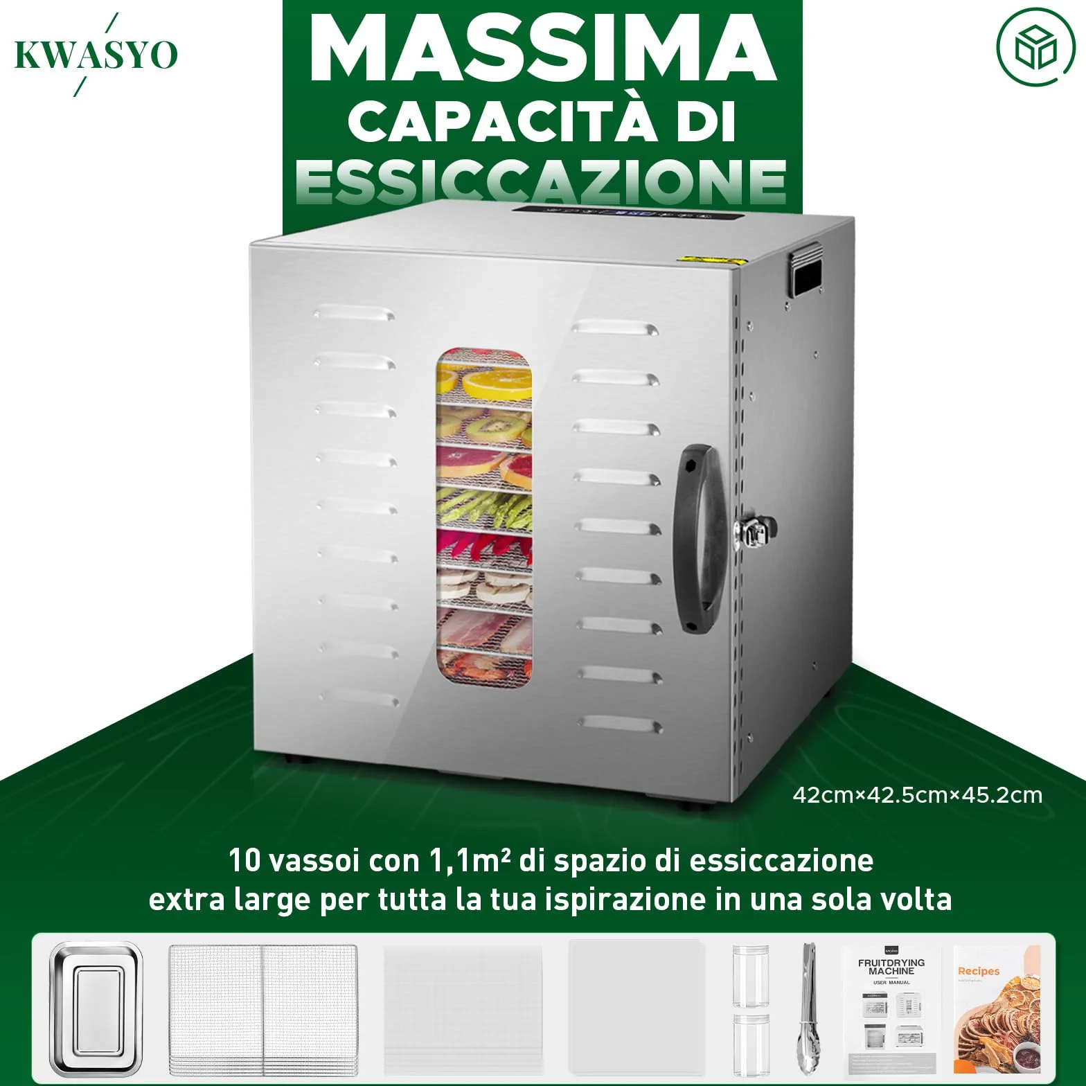 Kwasyo Essiccatore Alimentare in Acciaio Inox DA 1000, superficie di essiccazione XXL 1,8 m², temperatura regolabile 30-90℃, display LED, 24 ore, senza BPA, con ricettario, 10 vassoi in acciaio inox