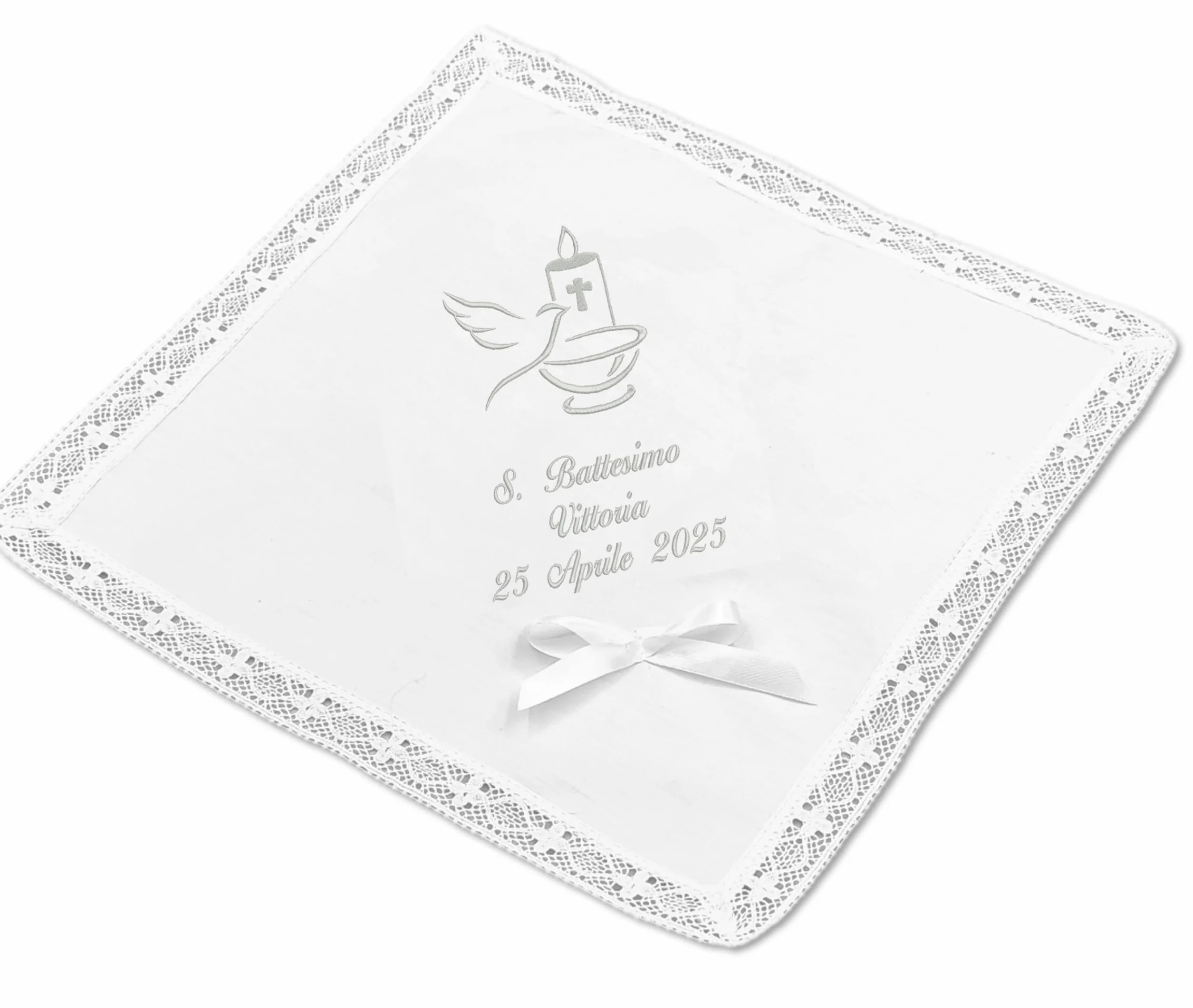 Fazzoletto Battesimo personalizzato con ricamo nome e data 100% cotone Made in Italy