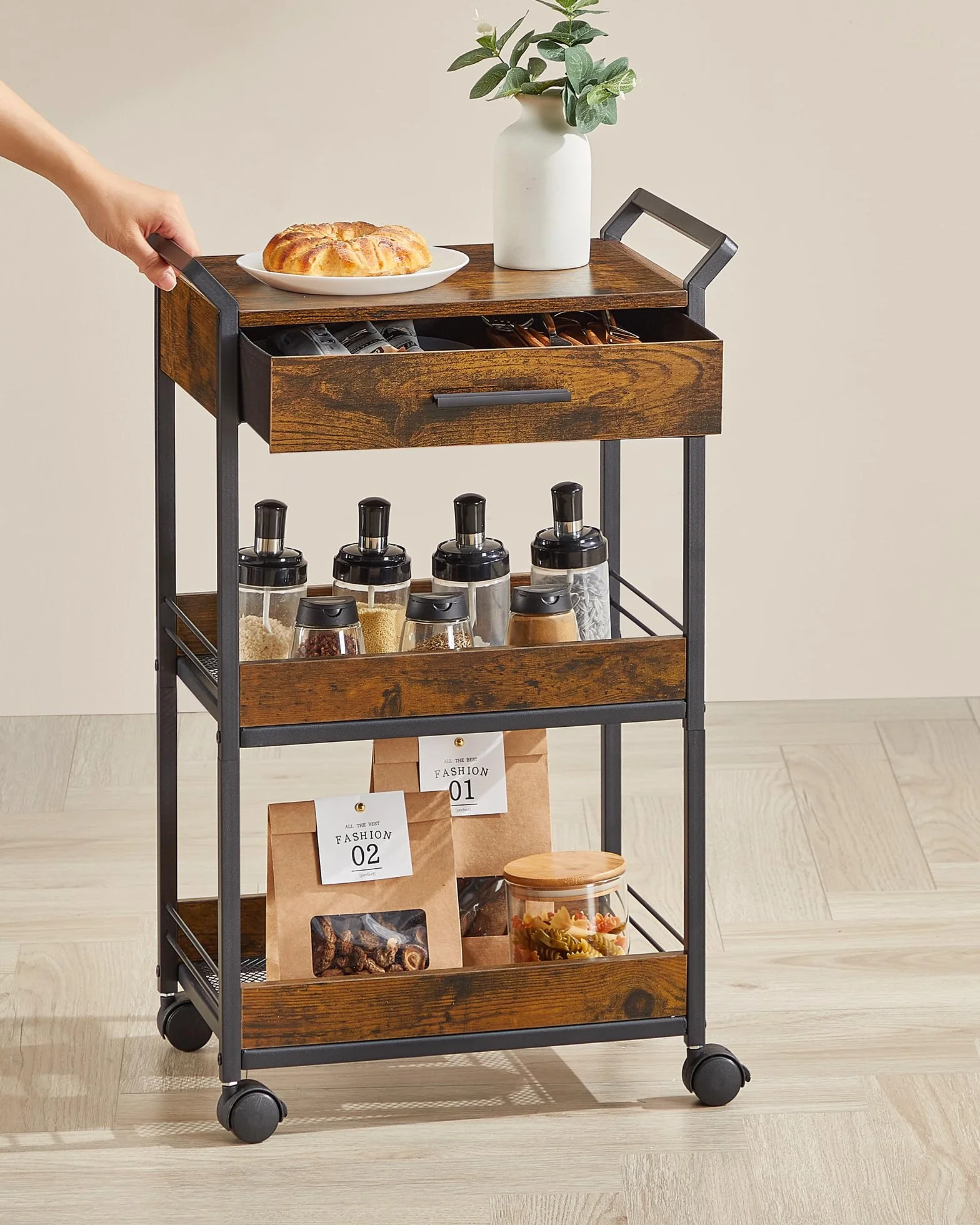 VASAGLE Carrello Portaoggetti a 3 Livelli con Ruote, Cassetto | Carrello di Servizio, Acciaio, Truciolato, con Freno, per Cucina, Bagno, Marrone Vintage e Nero, Collezione DACEY LRC048K01