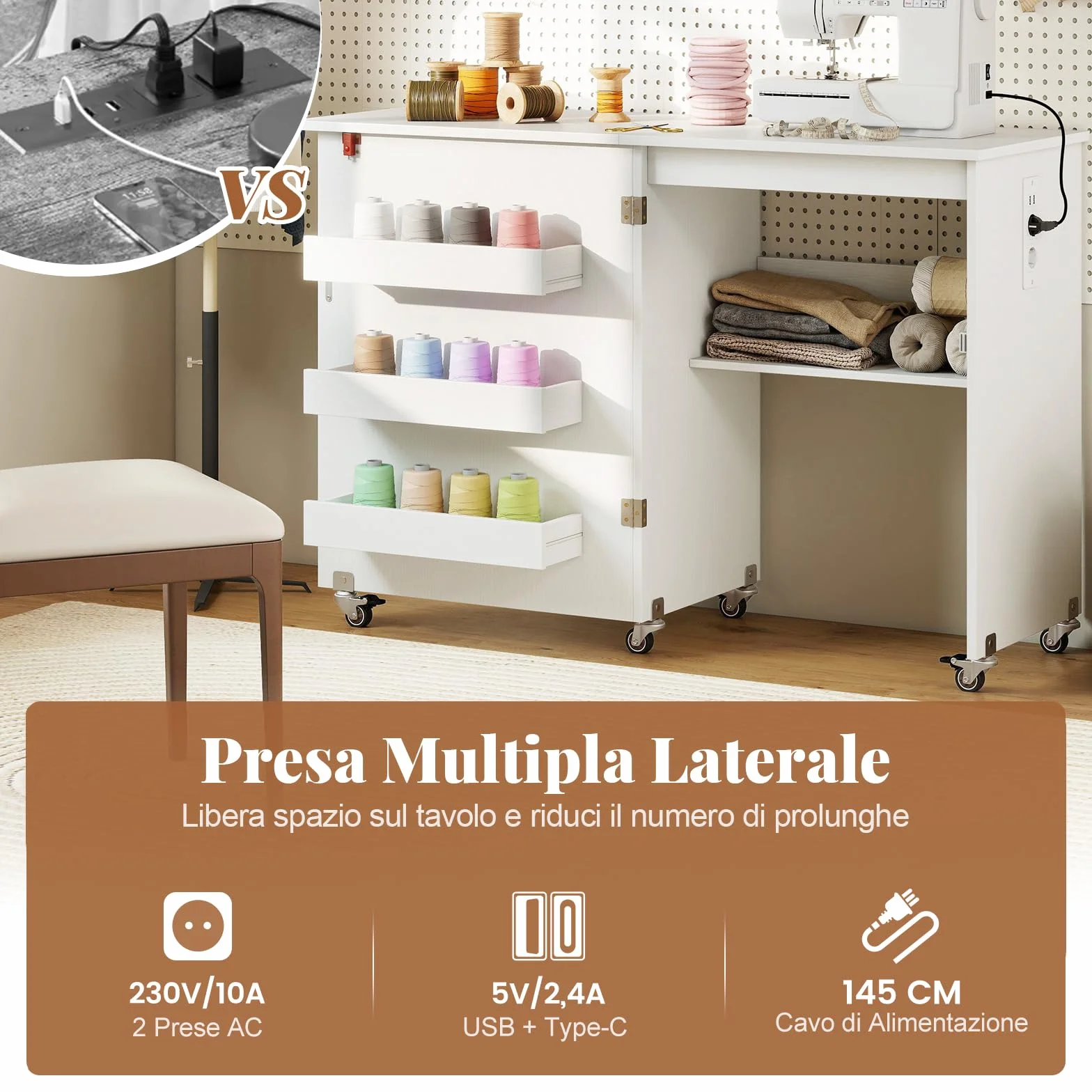 RELAX4LIFE Tavolo da Cucito Pieghevole con Ampio Piano del Tavolo, 3 Vani, Ripiano Portaoggetti,Mobiletto Salvaspazio con Ruote per Ago, Filo e Forbici (Con Prese,Bianco)
