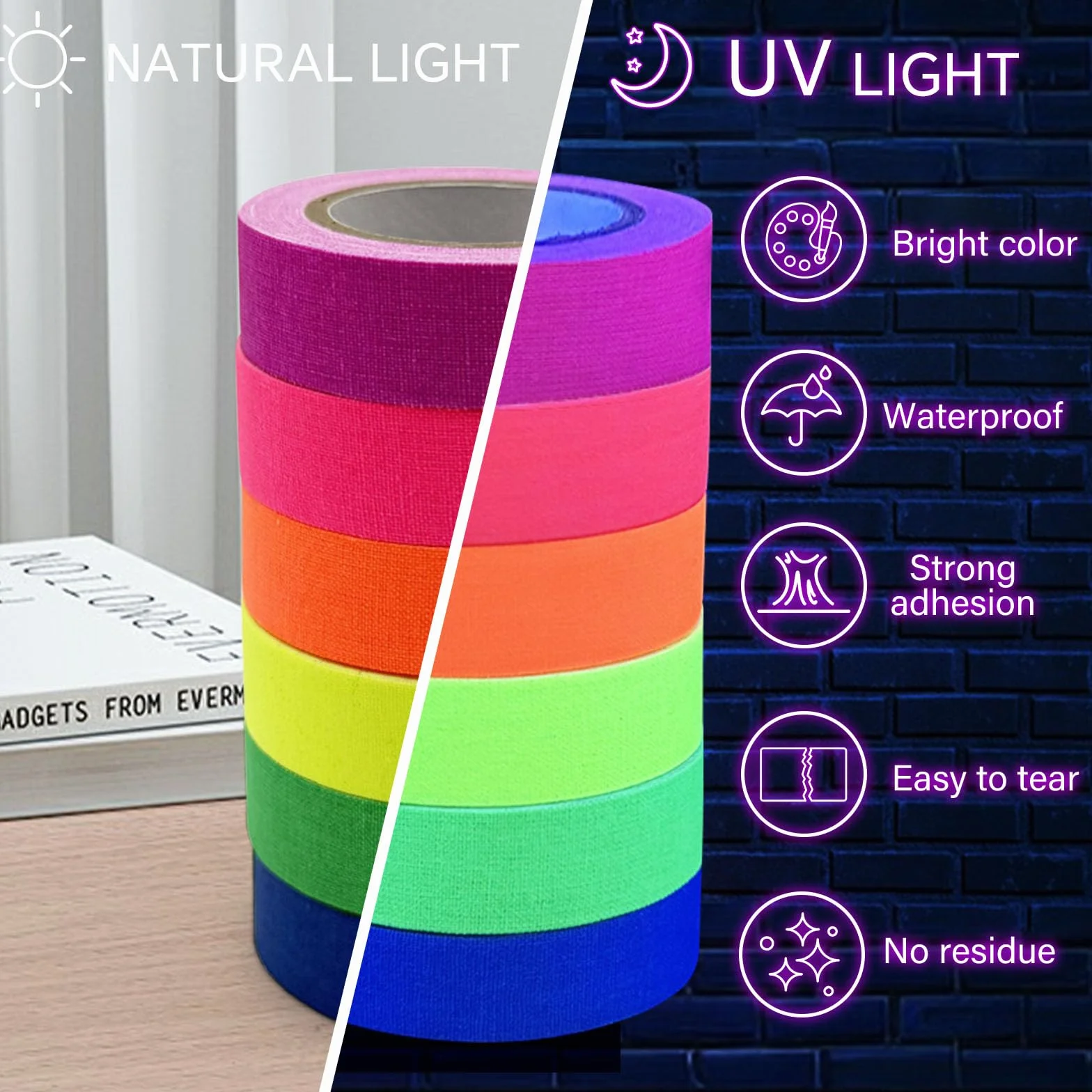 6 rotoli di nastro neon UV fluorescente per luce nera Gaffer Tape, Blacklight Reattivo Bande, Glow in the Dark Tape, per decorazioni di festa, artigianato (15MM*30M)