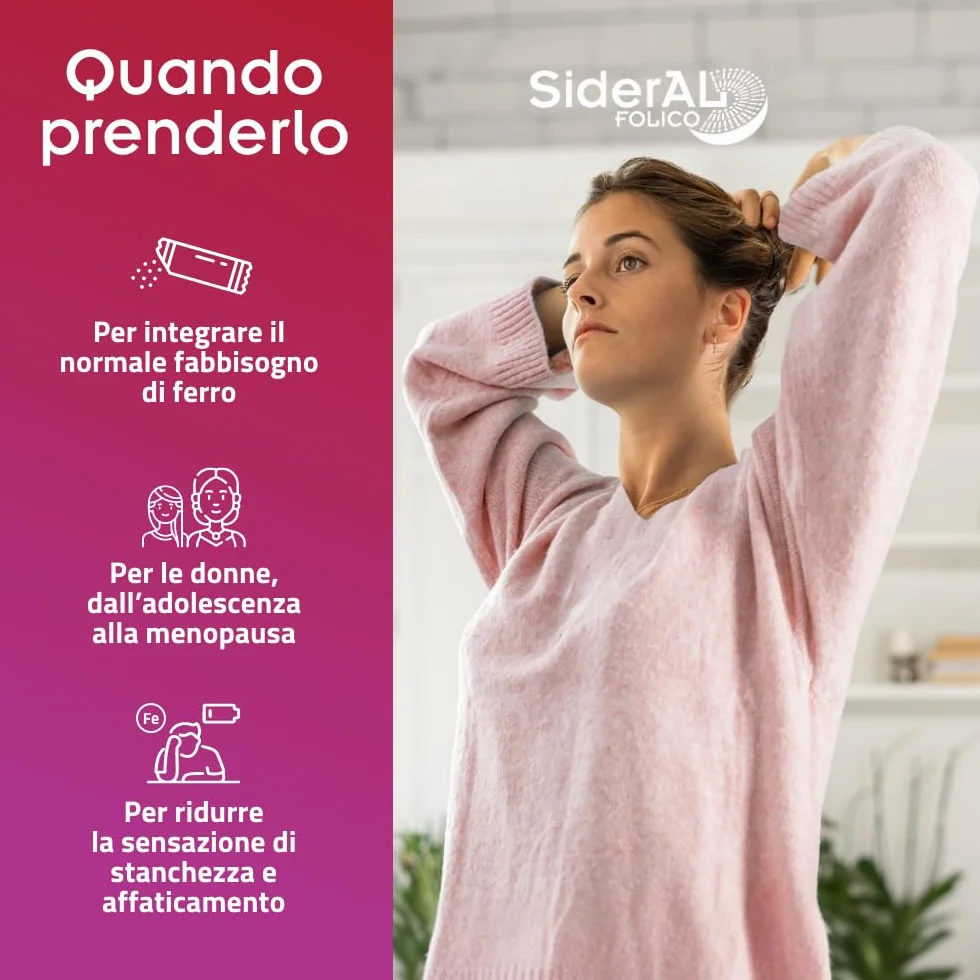 SiderAL Folico, Integratore alimentare con Ferro Sucrosomiale®, Quatrefolic®, Vitamine D3 e B12 Sucrosomiali®, Donne in Gravidanza, Allattamento, Ciclo mestruale, 20 bustine orosolubili, Pharmanutra