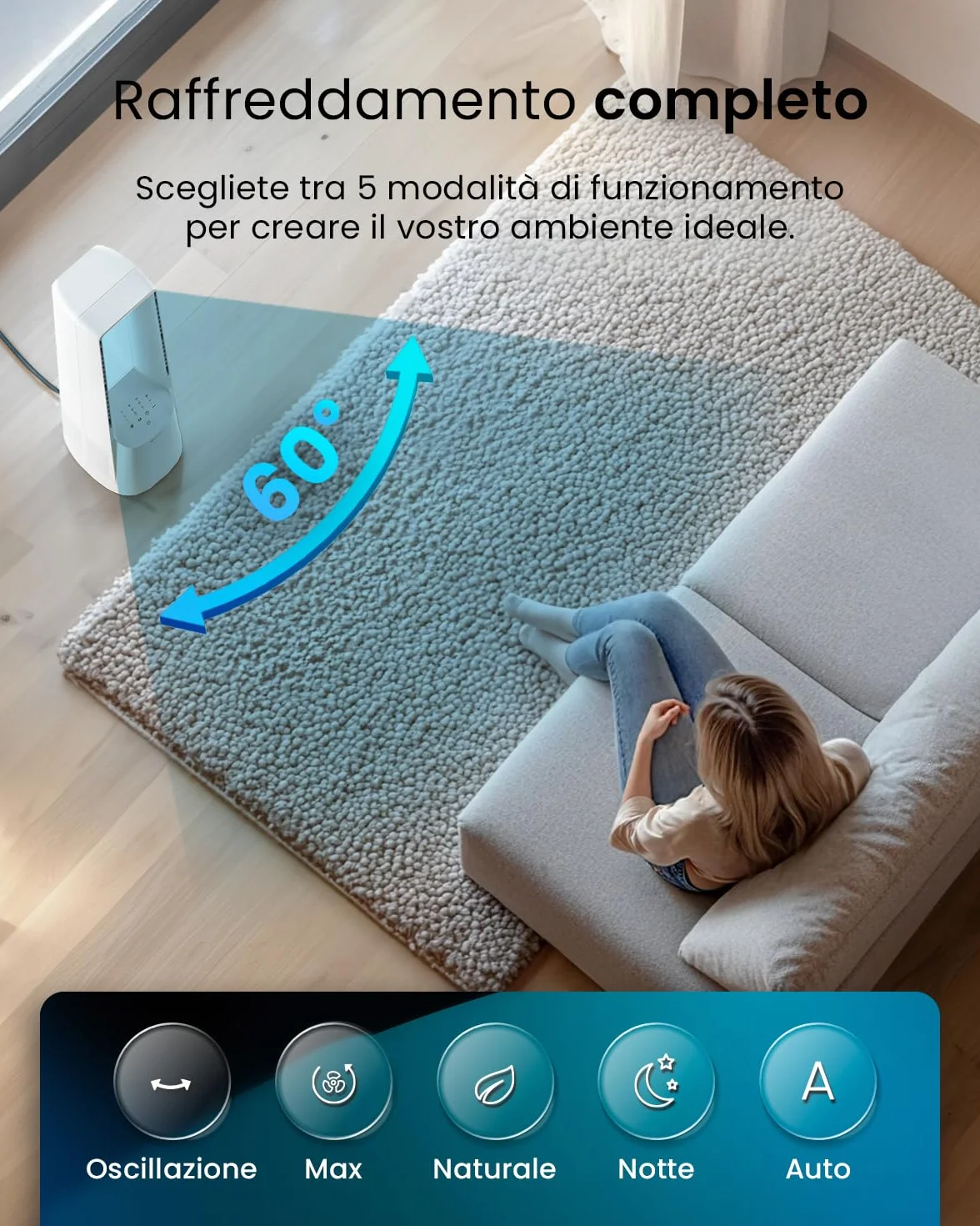 Pro Breeze Ventilatore a Torre Bianco 101 cm Senza Pale – Motore DC Ultra Silenzioso, Telecomando, Display LED, 6 Velocità, 5 Modalità, Oscillazione Automatica 60°, Timer 7h, Ideale per Casa e Camera