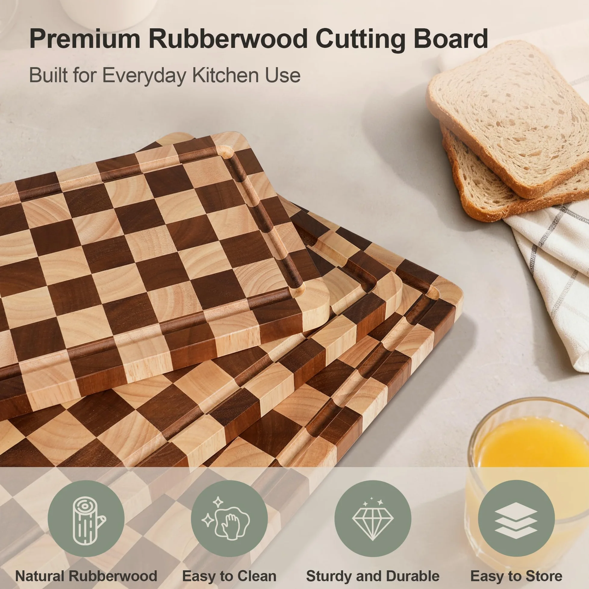 Set di 3 Taglieri a Scacchi in Legno con Supporto, Scanalatura per Succo e Manico per Carne, Verdure, Formaggio e Servire