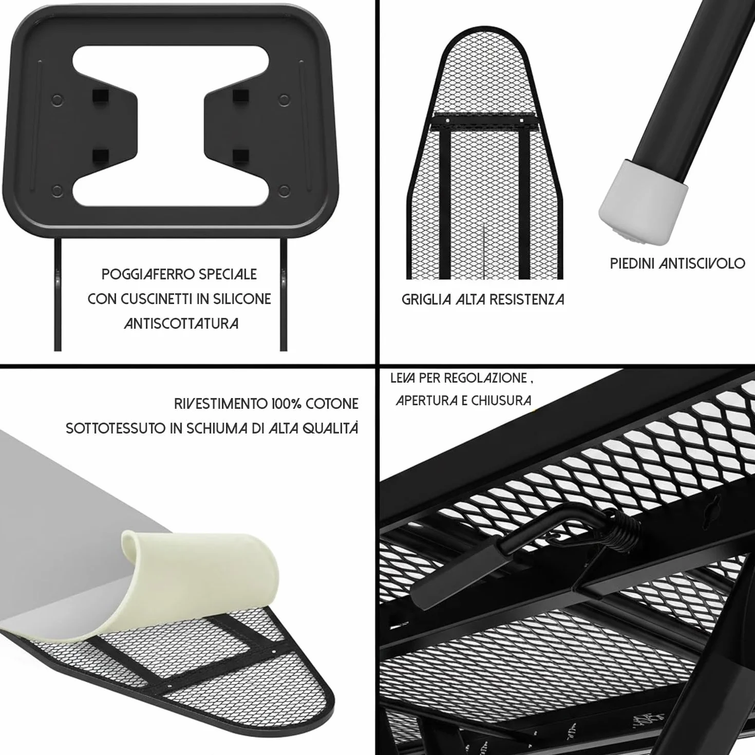 HYTAMA TOOLS Asse da stiro in Acciaio Nero ADA 38x120 con Poggiaferro e Piedini antiscivolo, altezza regolabile 2 posizioni