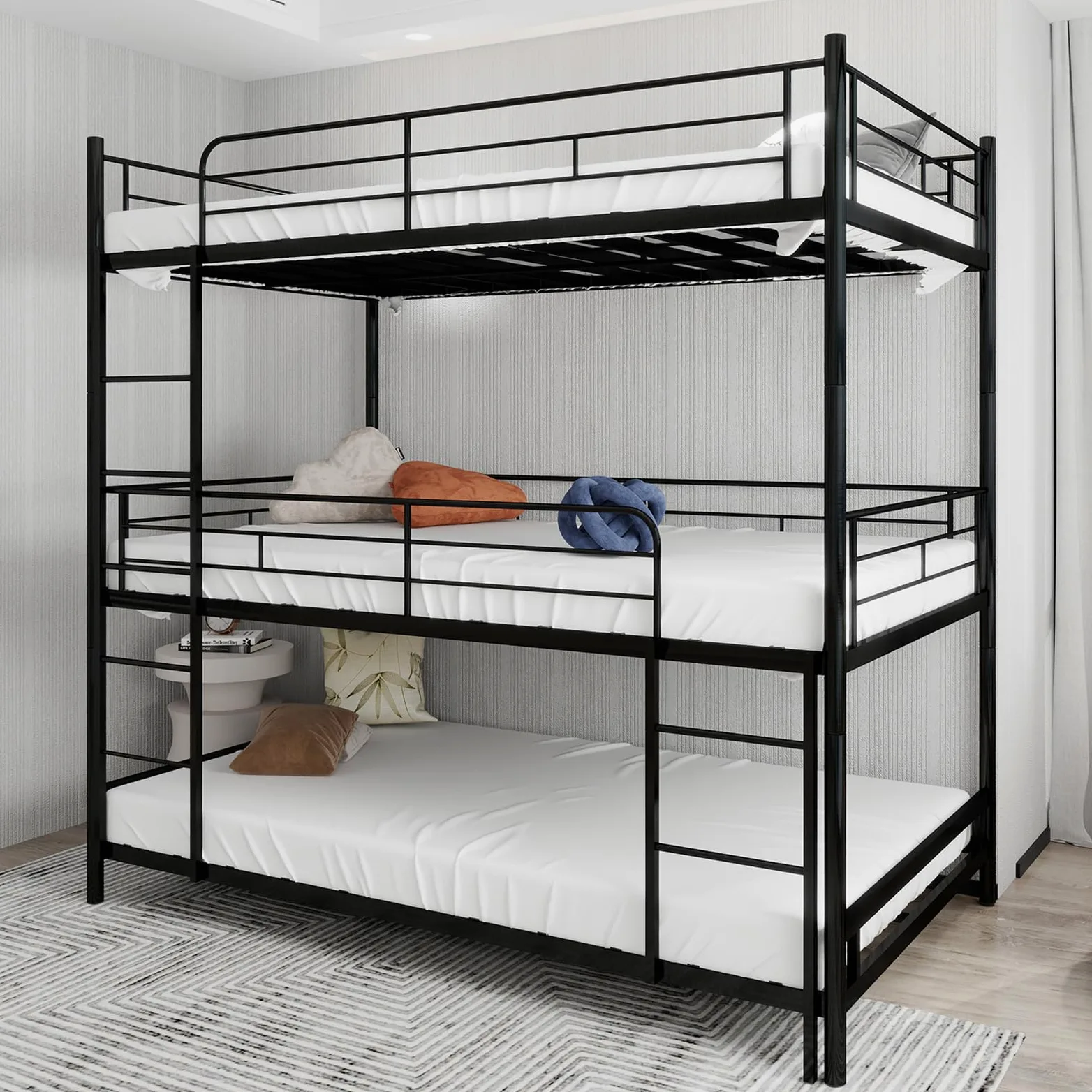 Letto a castello a tre piani, 90 x 190 cm, con scaletta, in metallo nero, per bambini/adolescenti/adulti, camera da letto/dormitorio (senza materasso)
