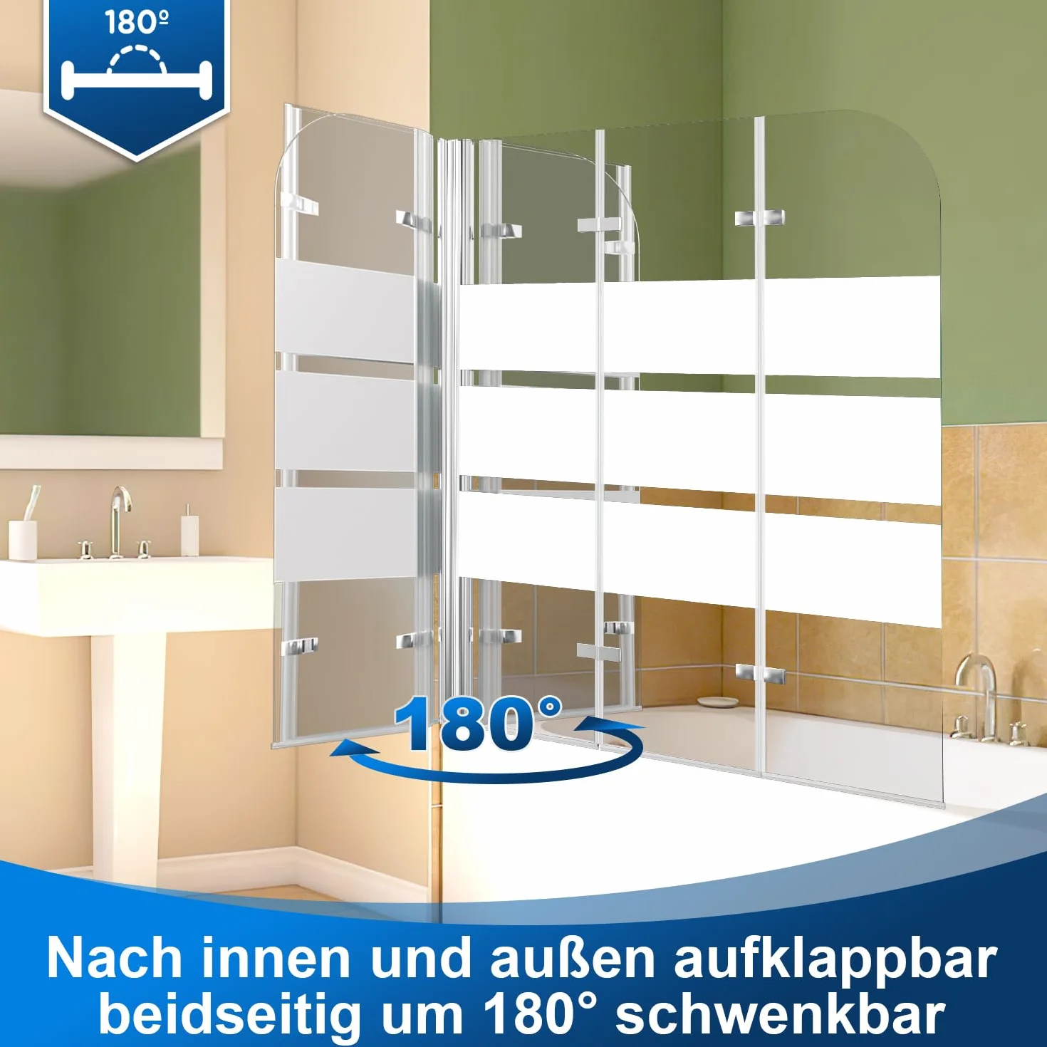 Pannello doccia per vasca da bagno, 120 x 140 cm, pieghevole, 3 pezzi, in vetro di sicurezza EGS da 6 mm, per doccia e vasca da bagno, strisce bianche