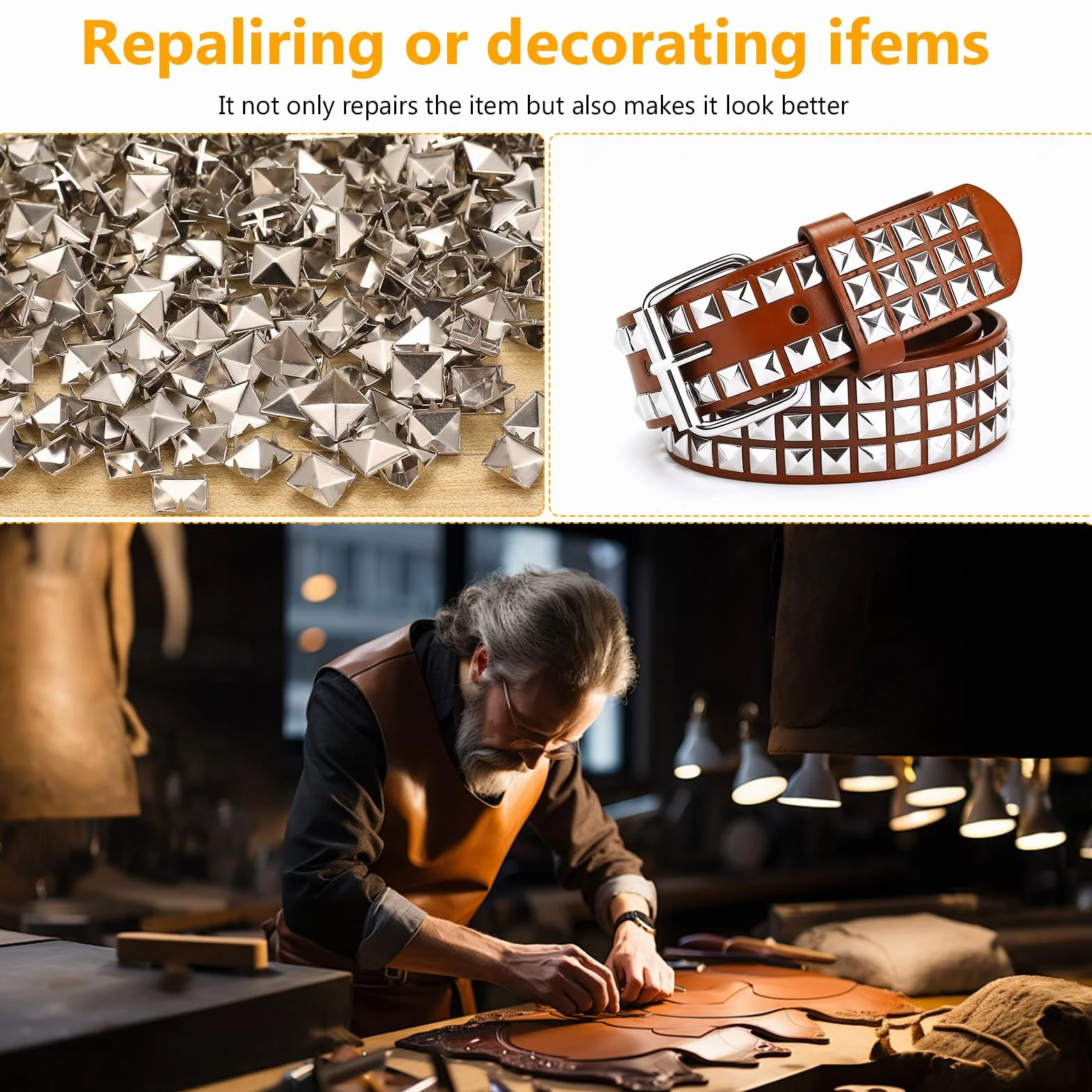 600 PzRivetti Punk, Borchie Piramidali Decorative Ribattini, 10mm Rivetti a Vite Piramidale, Rivetti a Punta Quadrati in Metallo,Borchie per Tessuti Abbigliamento Scarpe Pelle Jeans Cintura(Argento)