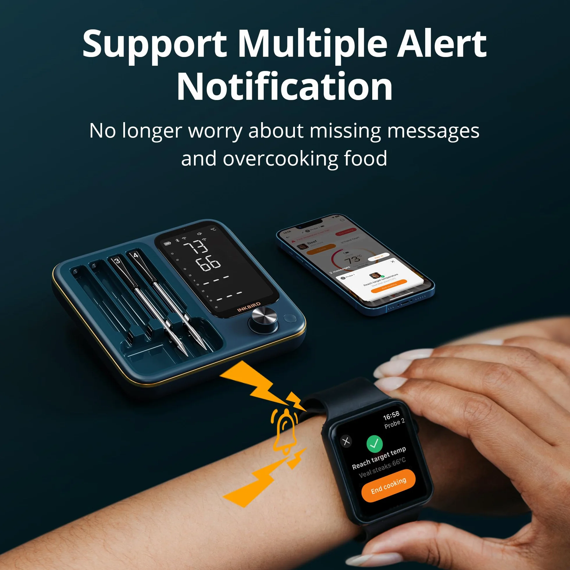 Inkbird INT-14S-BW - Termometro da carne senza fili, WiFi 5G e Bluetooth 5.4, con 4 sonde multisensore, certificato NIST, monitoraggio Apple Watch, per barbecue, forno, affumicatore