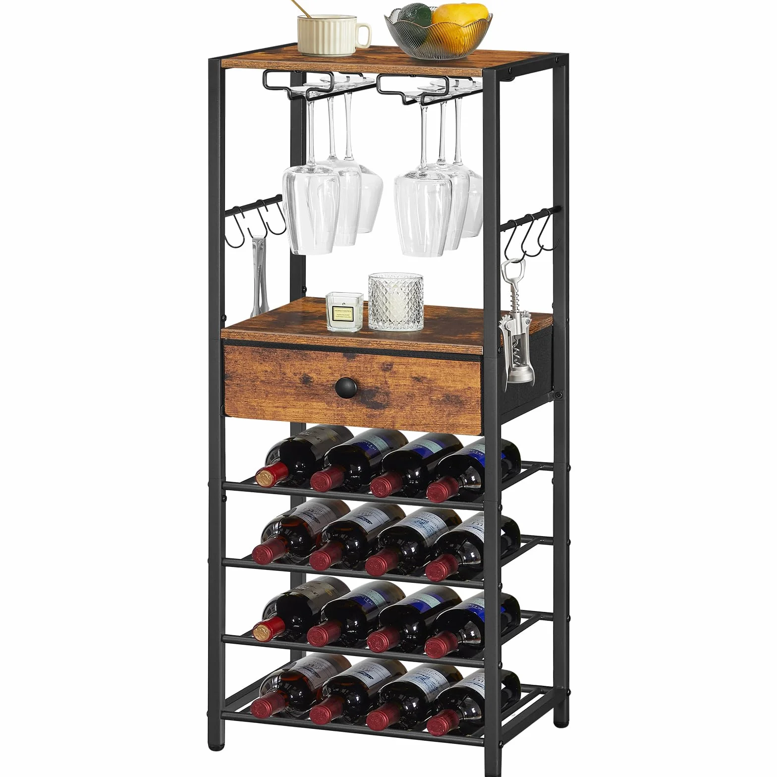HOOBRO Scaffale Porta Vino, Portabottiglie a 6 Livelli con Porta Calici, Organizzatore da Bar per Bottiglie di Vino, con Cassetti e Ganci, per Cucina, Sala da Pranzo, Vintagebraun EBF10JJ01