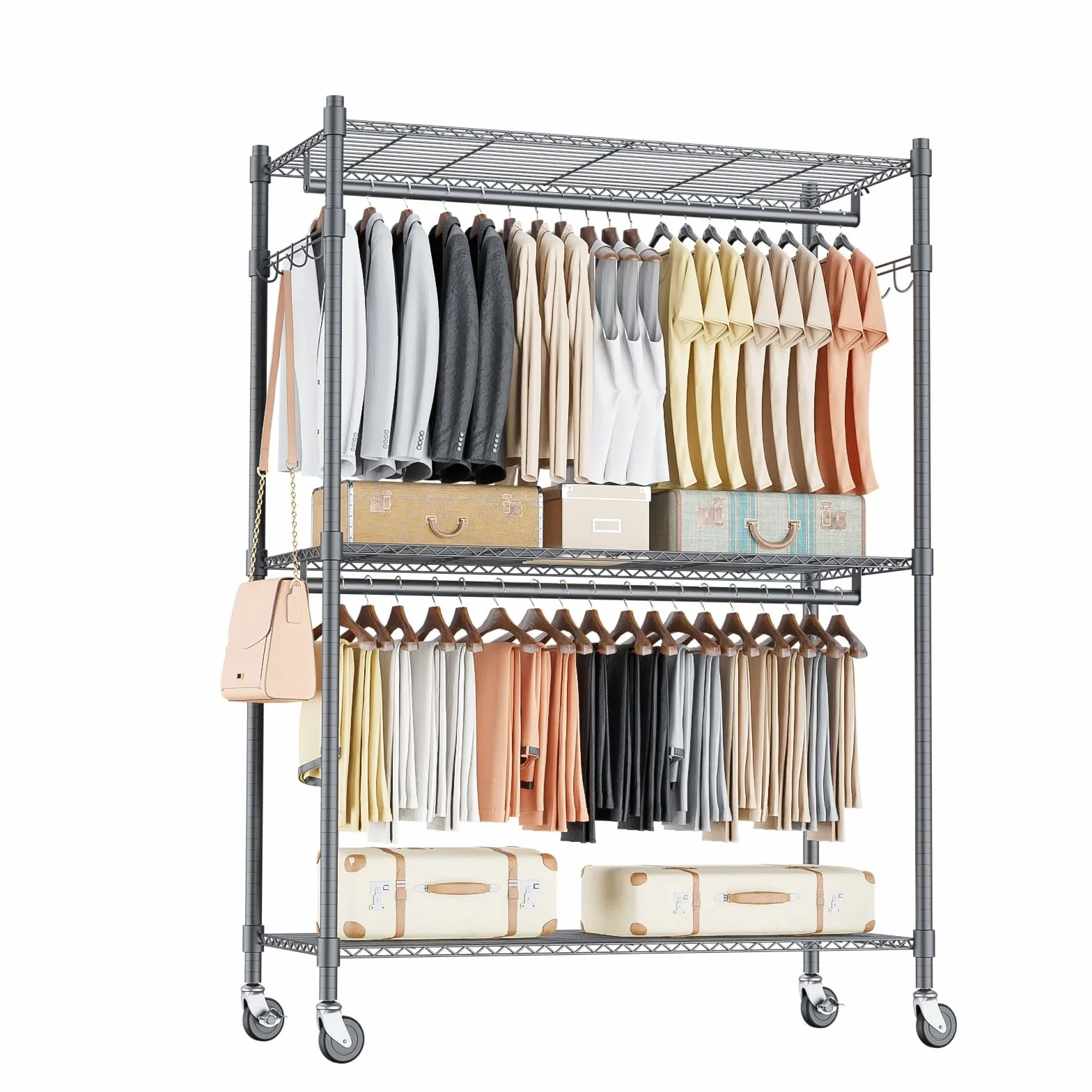 Himimi Doppio Appendiabiti con Ripiani Regolabili in Altezza, 2 Ganci, Ruote, 90x42x205 cm, Grigio