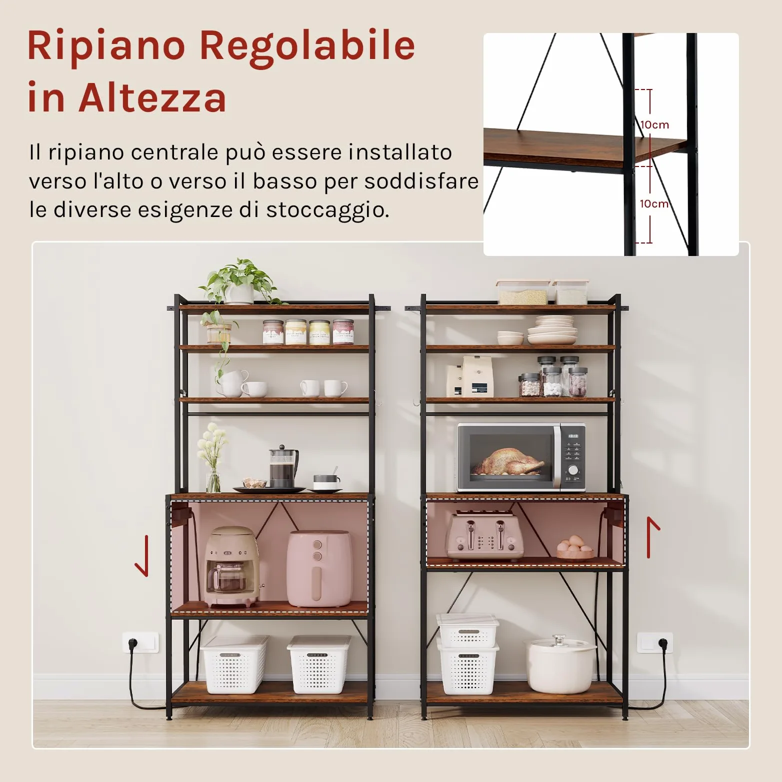 WOLTU Scaffale da Cucina a 6 Livelli con Prese di Corrente, Scaffale per Microonde con Struttura in Metallo e Piano di Lavoro Aperto, Nero+Marrone Rustico, 80x39,5x167cm