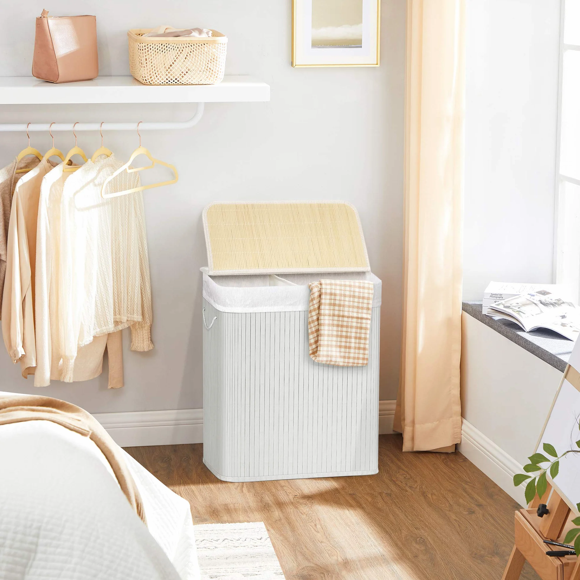 SONGMICS Cesto Portabiancheria, 100 L, Cesta Biancheria a 2 Scomparti in Bambù, Coperchio, Maniglie, Pieghevole, Sacco Rimovibile e Lavabile in Lavatrice, Lavanderia, Casa, Bagno, Bianco LCB64WT