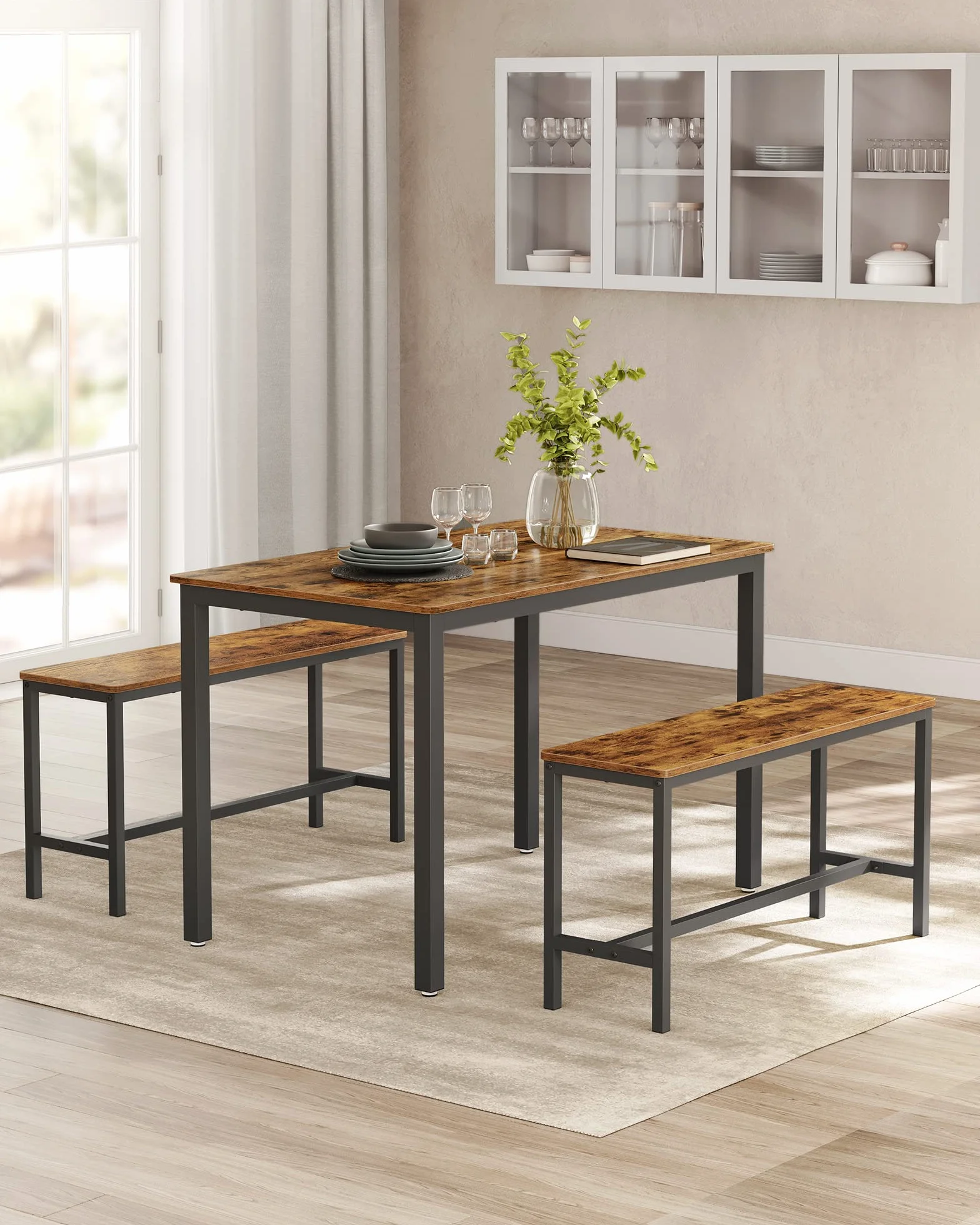 VASAGLE Tavolino da Pranzo con 2 Panche, Set di 3 Pezzi, Tavolo da Cucina 70 x 110 x 75 cm, 2 Panche 30 x 97 x 50 cm, Struttura in Acciaio, Marrone Vintage e Nero KDT070B01