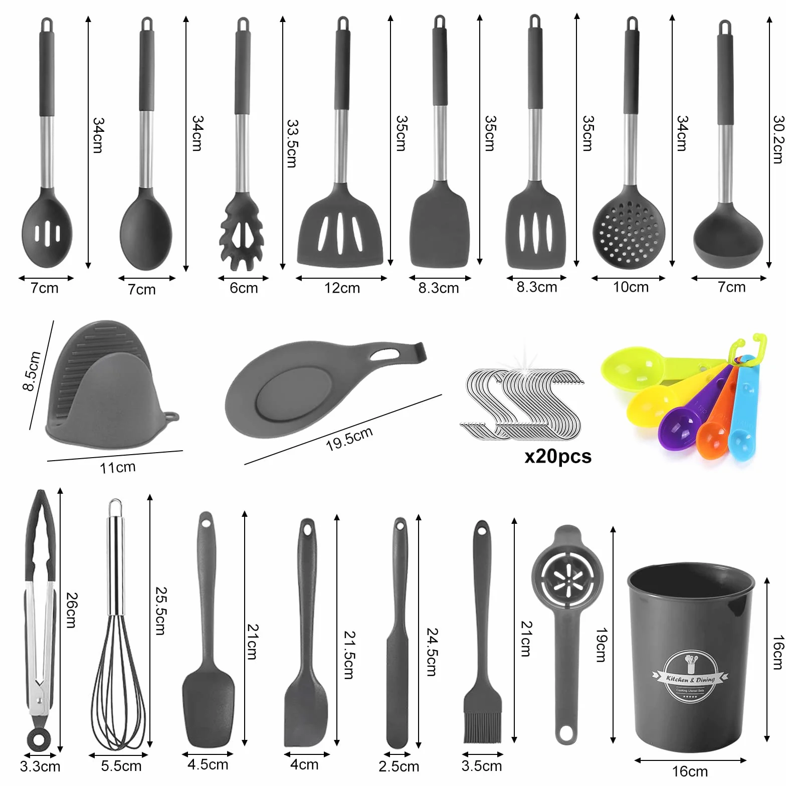 Set di Utensili da Cucina in Silicone, 44pcs Con 20 Ami, 5 Cucchiai Dosatori Piccoli, Resistente al Calore Antiaderenti Con Ganci - Grigio Scuro