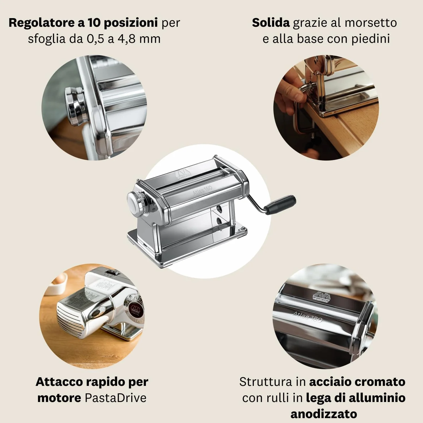 Marcato Nuova Atlas 150 Premium Pasta Maker Macchina per la Pasta Acciaio Cromato 10 Spessori AT-150-ROL-PRM