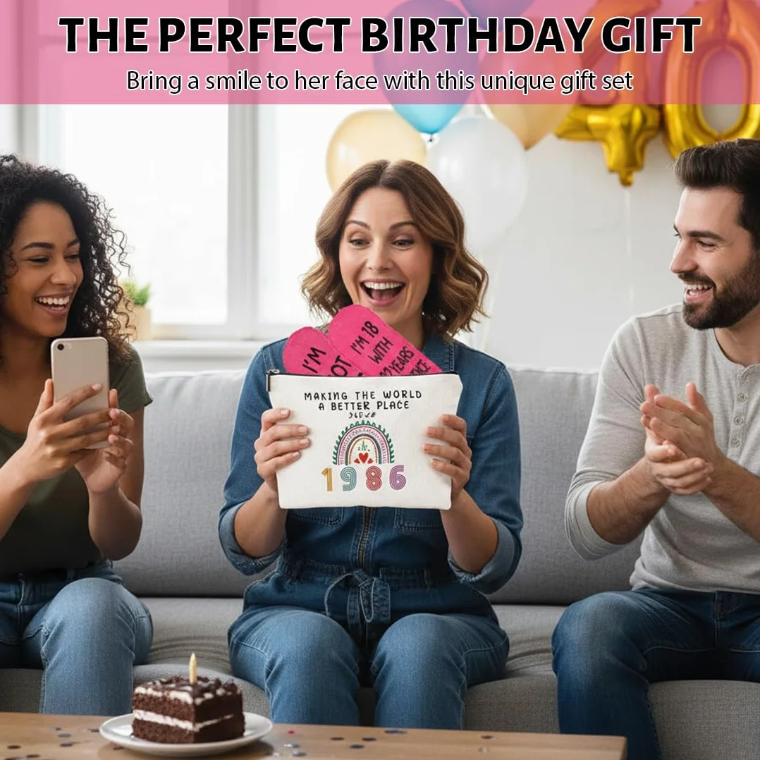 2 Pcs Beauty Case Perfetto Per Il 40º Compleanno, Ideale Come Regalo, Regali di Compleanno per Donne, tra Cui Borsa per il Trucco e Calzini di Compleanno Ideali per Donne (1986-40 anni)