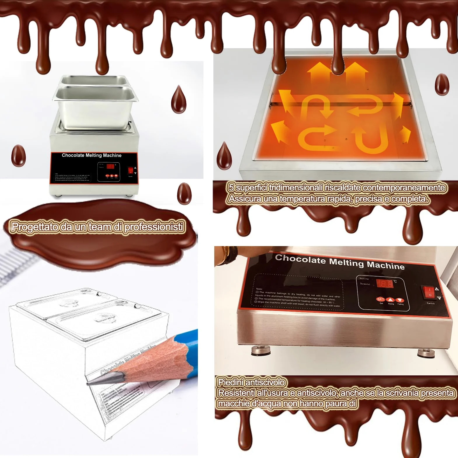 Temperatrice cioccolato, Macchina per fusione di cioccolato, Non è necessario aggiungere acqua, controllo intelligente della temperatura con display digitale Isolamento continuo 6KG*2