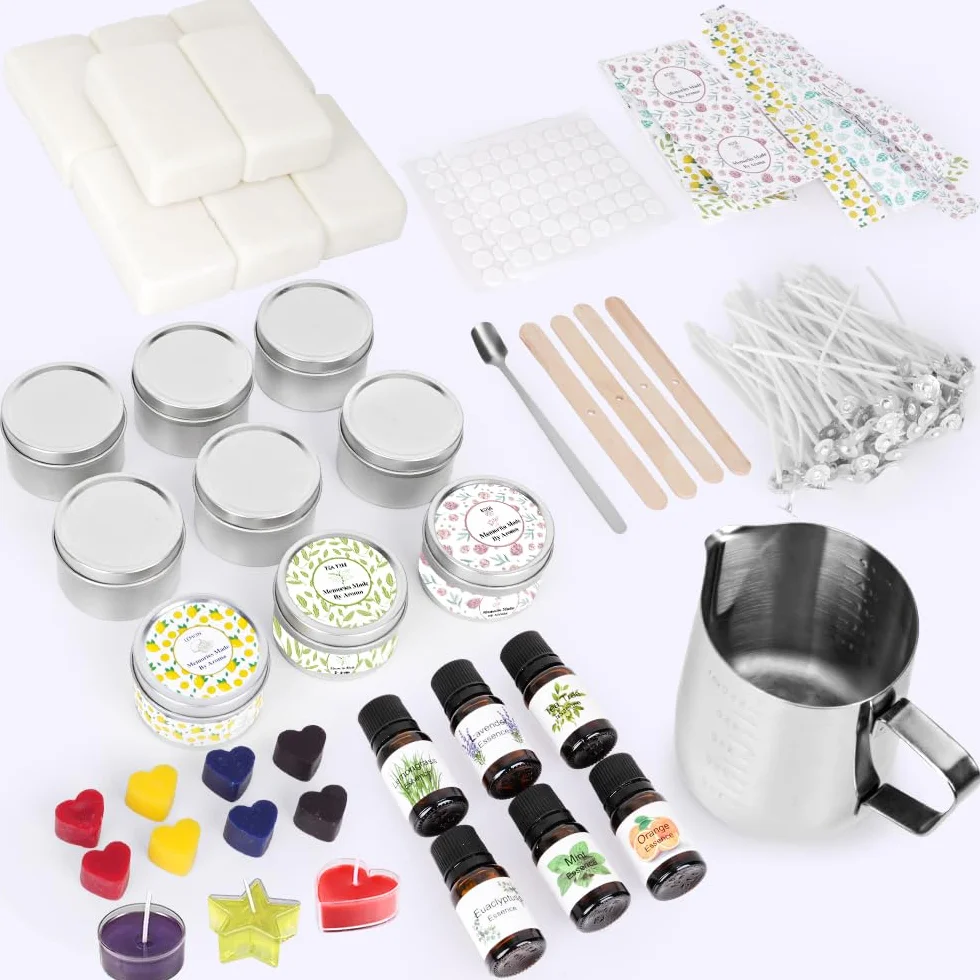 Set di candele fai da te con cera di soia 480 g, 9 barattoli, 8 colori, stoppini, kit regalo per adulti e principianti
