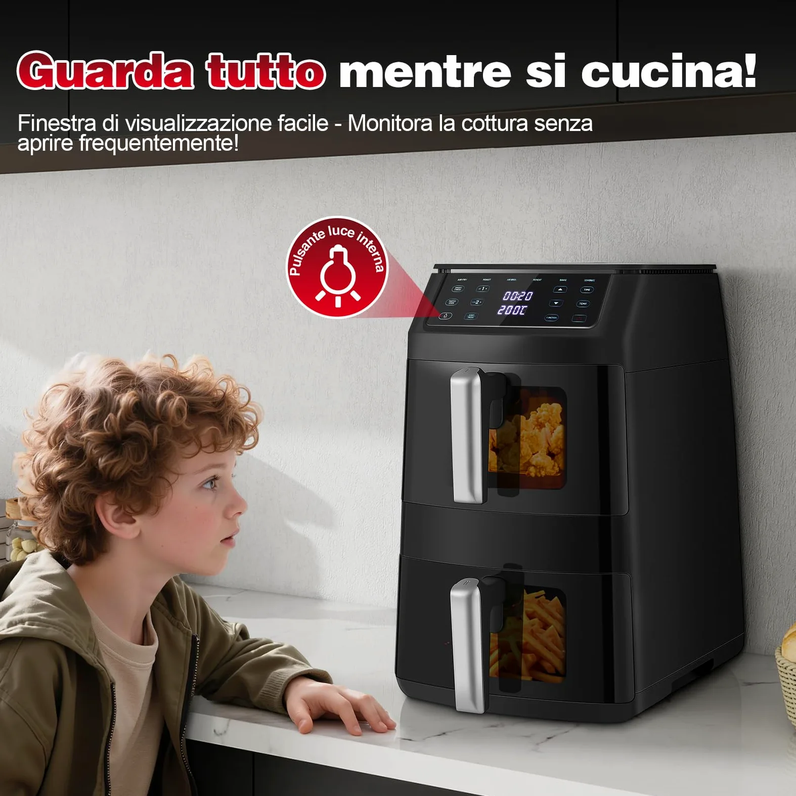 TopStrong Friggitrice ad Aria Doppio Cestello, 11 Litri Air Fryer Verticale 2 Cestelli con Finestra, 40-220℃, 6 Funzioni, Compatta, 2500W, Fino a 8 Persone, Componenti Lavabili in Lavastoviglie