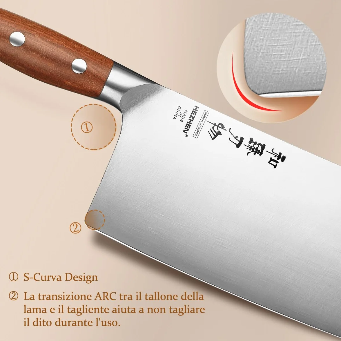 HEZHEN 18cm Mannaia per Carne, Coltello da Chef Cinese, Coltello da Cucina Multifunzionale, Manico in Redwood
