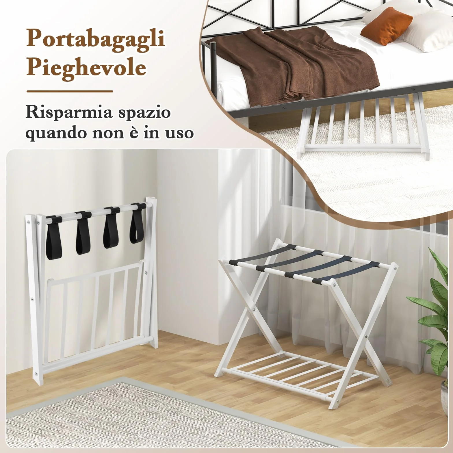COSTWAY Portavaligie Pieghevole a 2 Ripiani in Metallo 68x43x56 cm Bianco