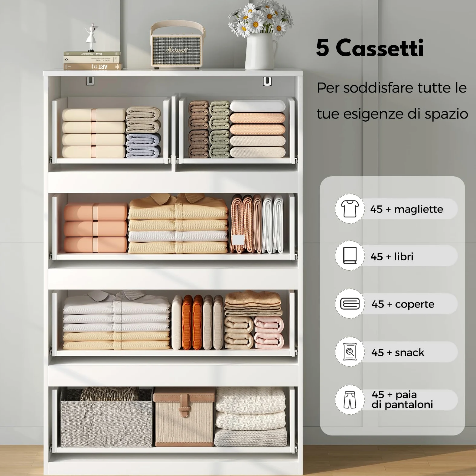 BEWISHOME Cassettiera Camera da Letto Moderna,Settimino con 5 Cassetti,Cassettiera Bianca,Salvaspazio,Mobile Camera da Letto per Soggiorno,Bagno e Ingresso,68x38x94 cm,EKCG07W