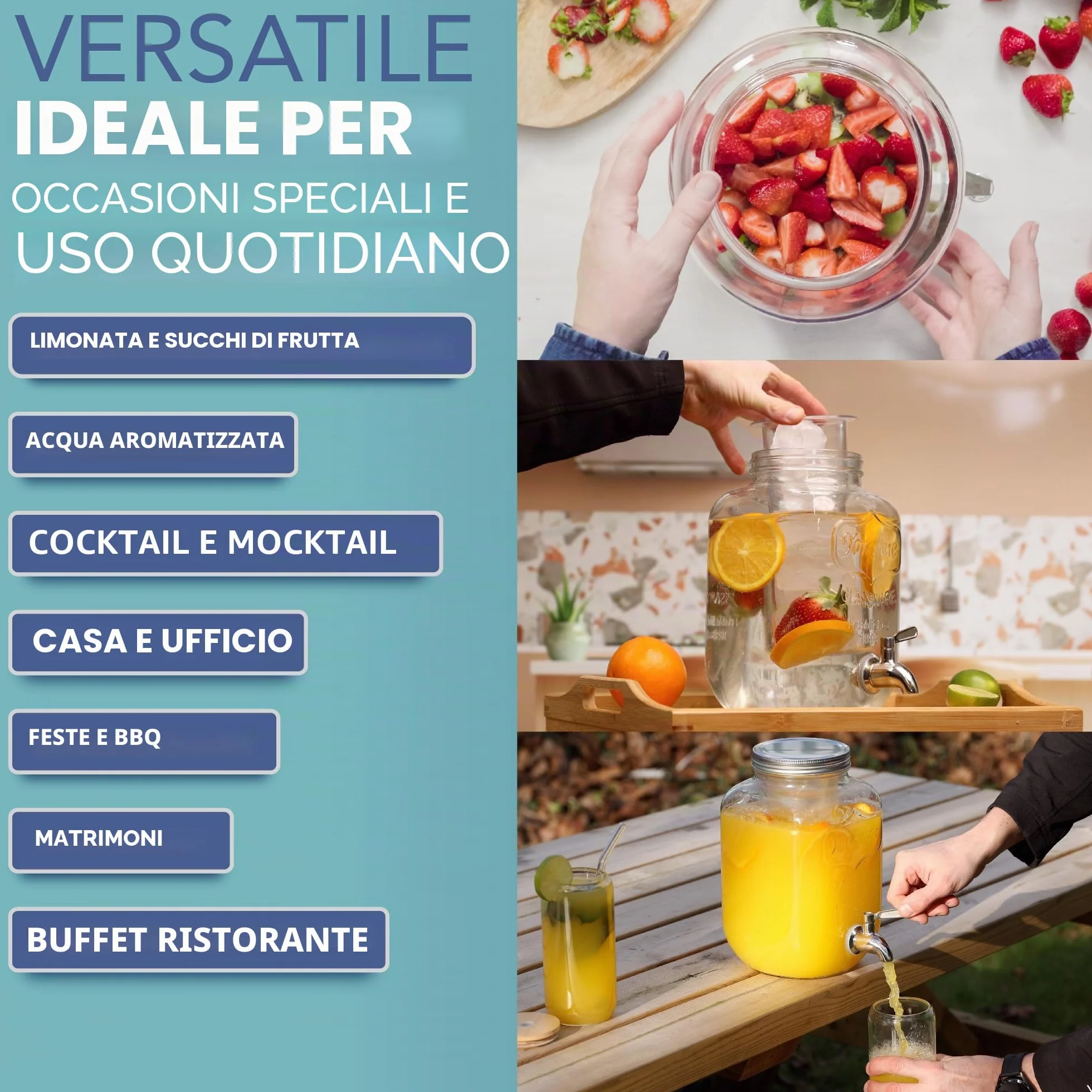 HEFTMAN Distributore bevande vetro 3,7 litri rubinetto acciaio inox a prova di perdite cilindro ghiaccio