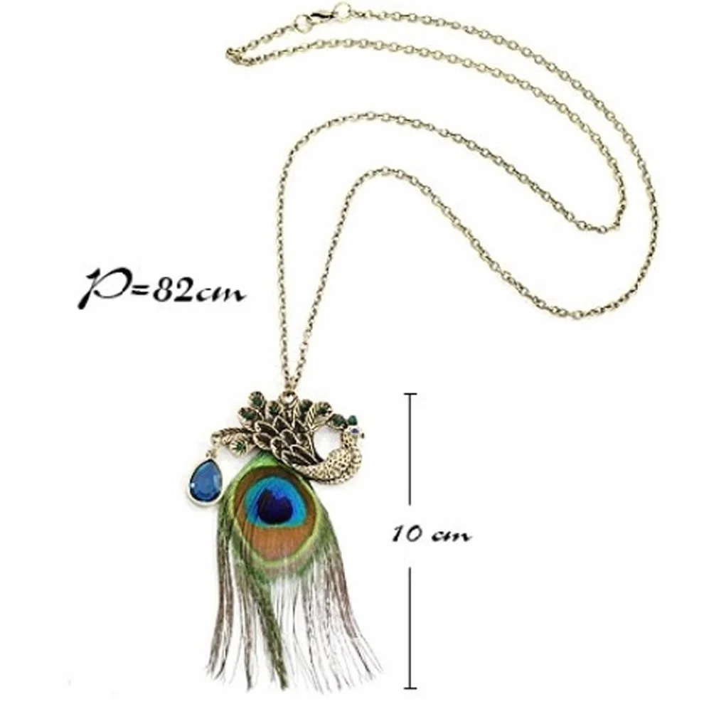 Collana lunga con ciondolo pavone piuma vera cristallo colorato