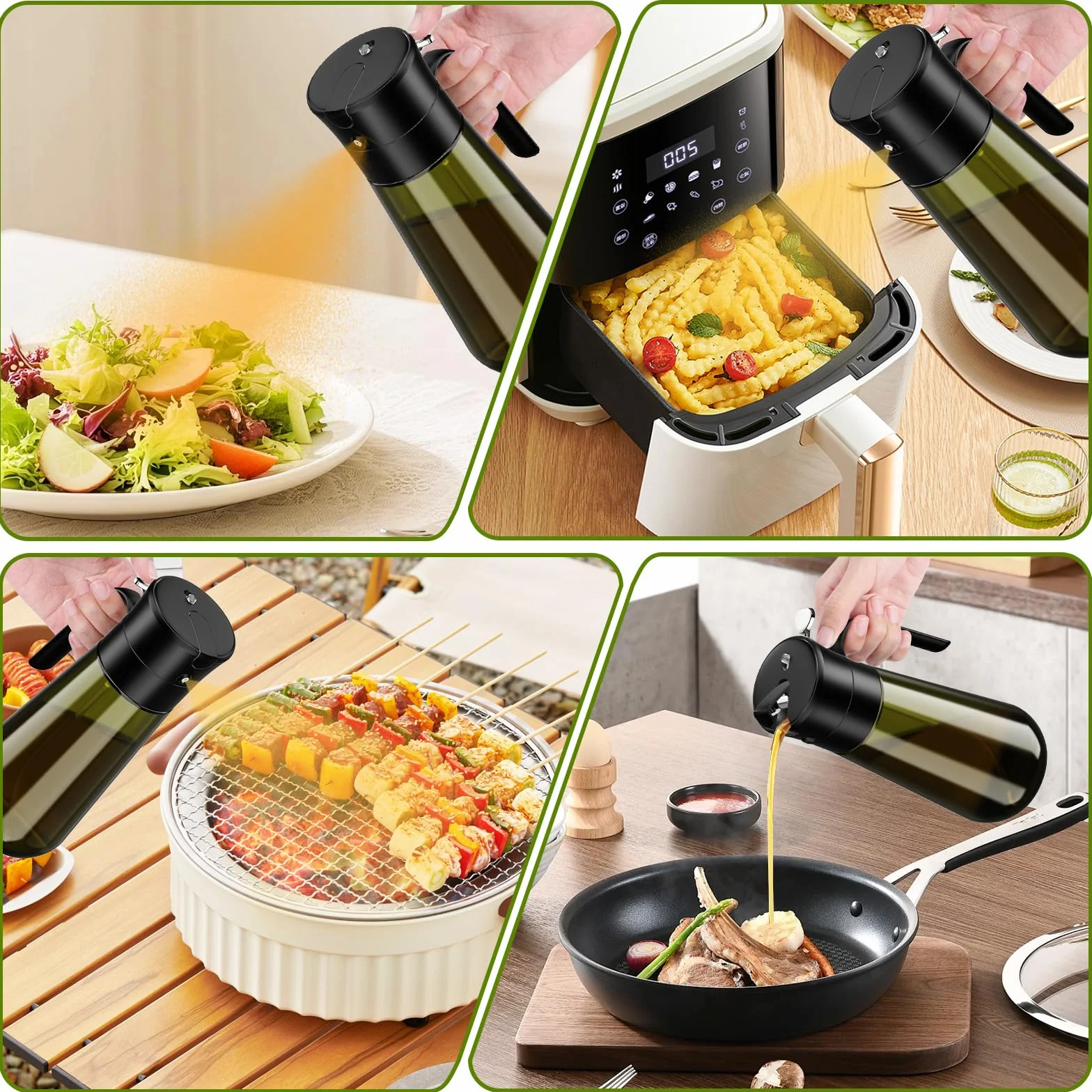 Euqvunn Dispenser Olio 2-in-1 con Pennello, Oliera Spray Vetro Oscurato 580ml per Condimenti e Cottura