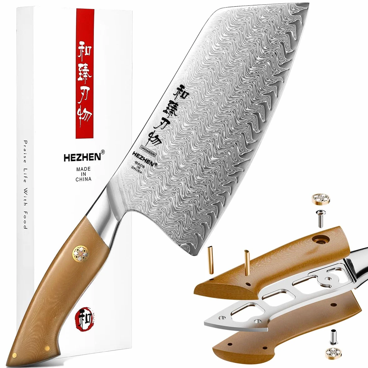 HEZHEN Mannaie per Carne Acciaio Damasco,Coltelli Mannaie da Chef Cinesi Professionale, Coltelli da Cucina Multifunzionale, Full Tang Manico