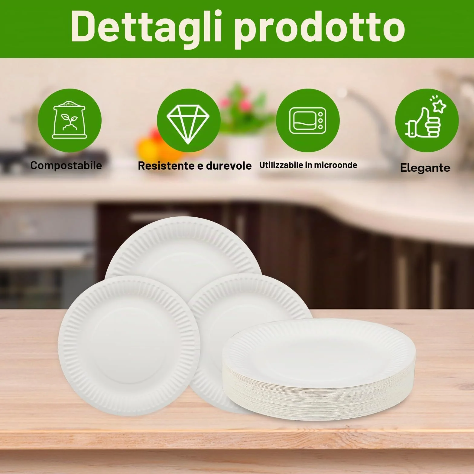 Piatti Carta Bianchi 23 cm – Piatti Piani per Compleanno, Feste, Grigliate – Resistenti ed Eleganti