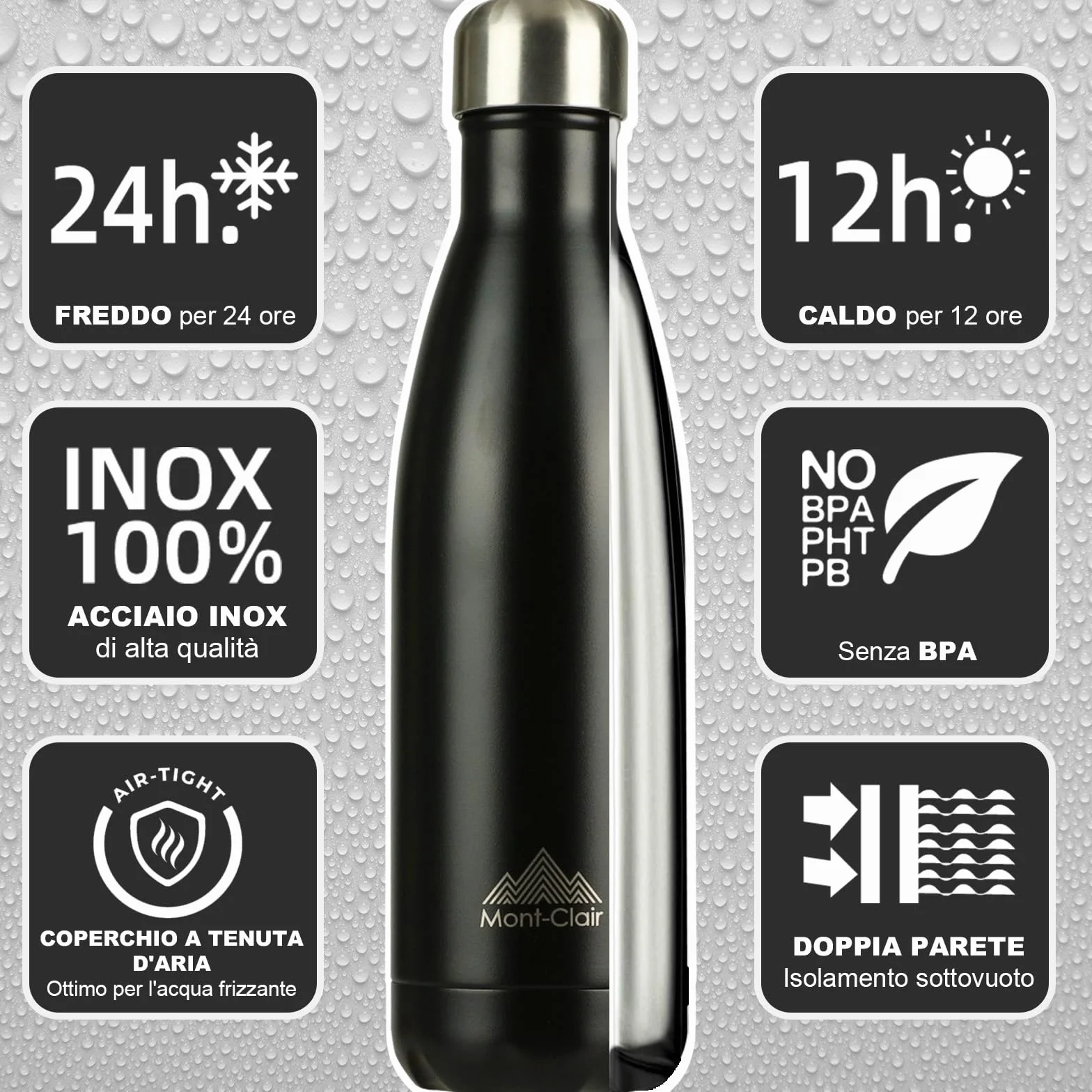 Mont-Clair Borraccia Termica 500ml Acciaio Inox, Borraccia 500ml Nera Senza BPA