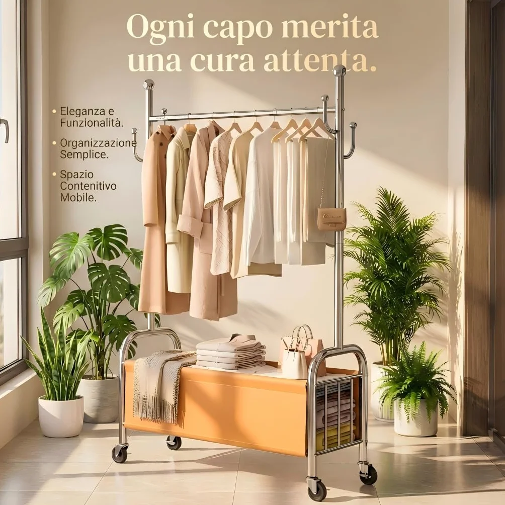 Appendiabiti da Terra in Acciaio Inox con Ruote, 3 in 1, Portata 115 kg