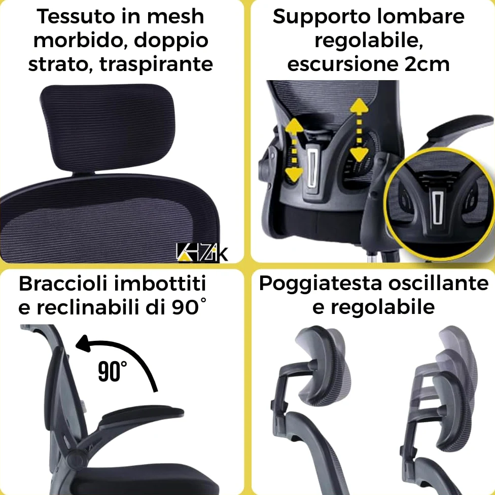 ZIK - Sedia Ergonomica da Ufficio, Scrivania, con Supporto Lombare e Regolazione Schienale, Sedia da Ufficio con Rotelle e Braccioli Reclinabili, Poggiatesta Oscillante e Regolabile