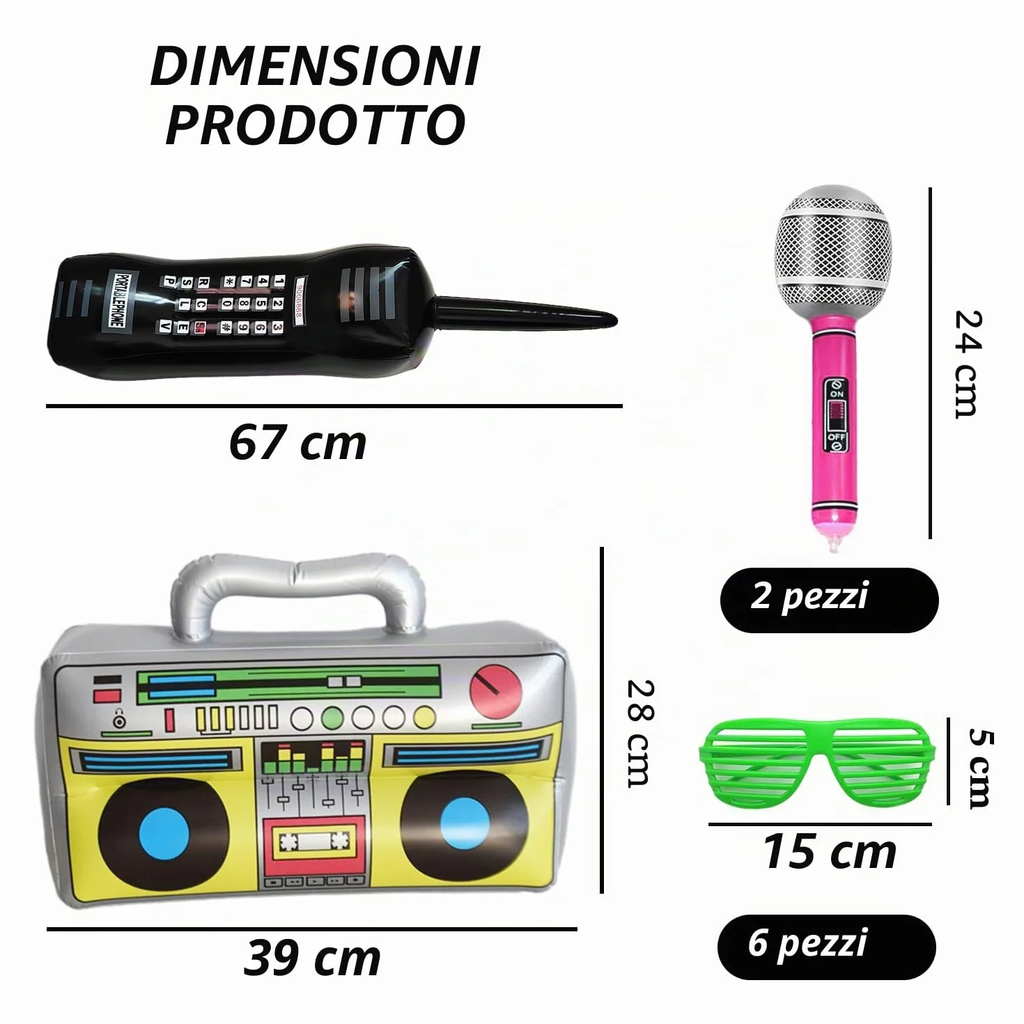 Akcesoria do dekoracji discoteca - gonfiabile, telefono retrò, microfono, tende occhiali da festa