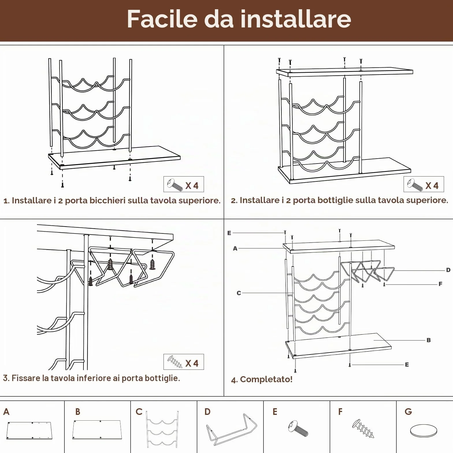 Nuovoware Portabottiglie da Tavolo per 6 Bottiglie 4 Bicchieri, Organizer Vino in Metallo e Legno