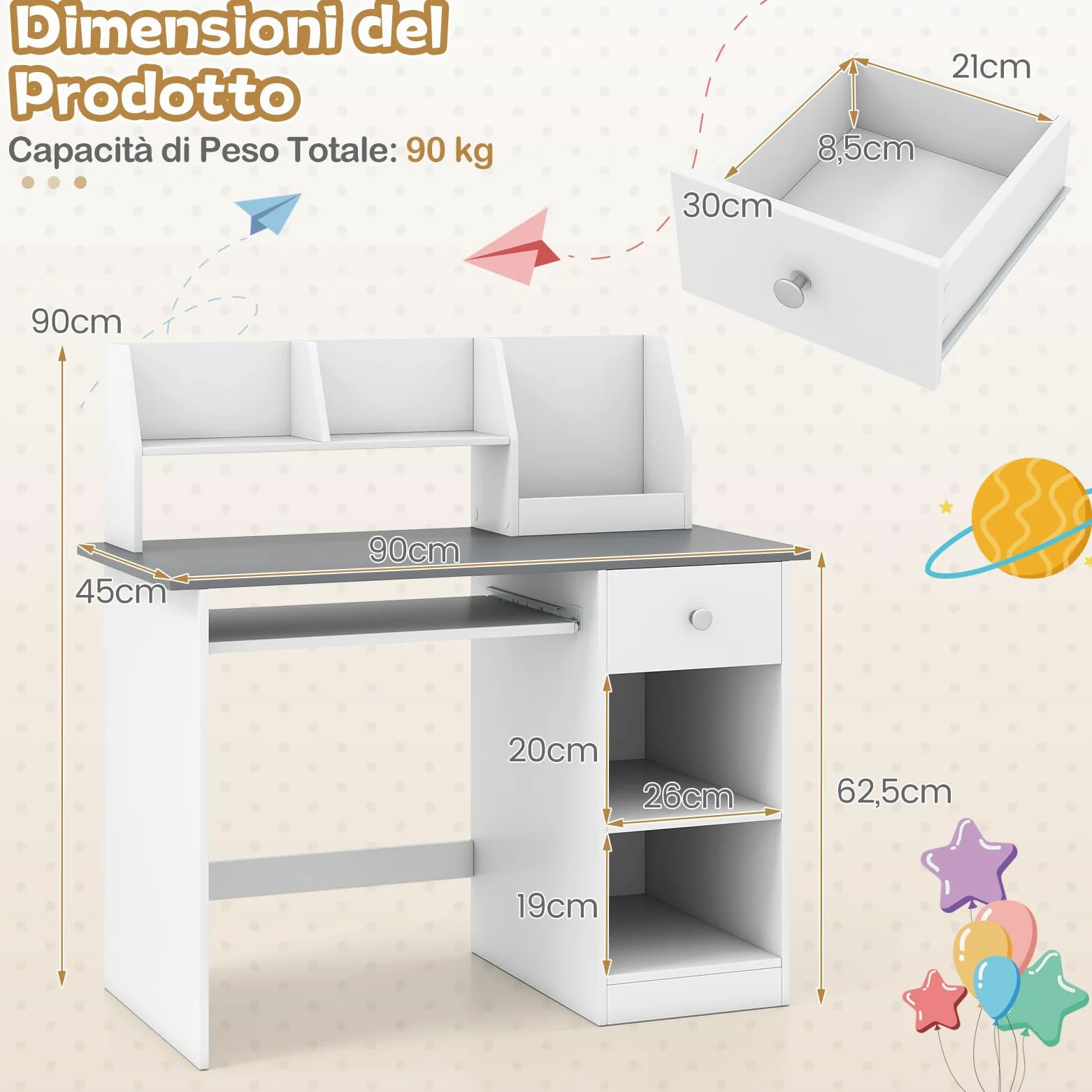 COSTWAY Scrivania per Bambini 3-6 Anni, Tavolo in Legno con Vassoio per Tastiera e Cassetto, Libreria Laterale e Mensole Superiori e Ampio Piano del Tavolo, Ideale per Cameretta (Grigio)