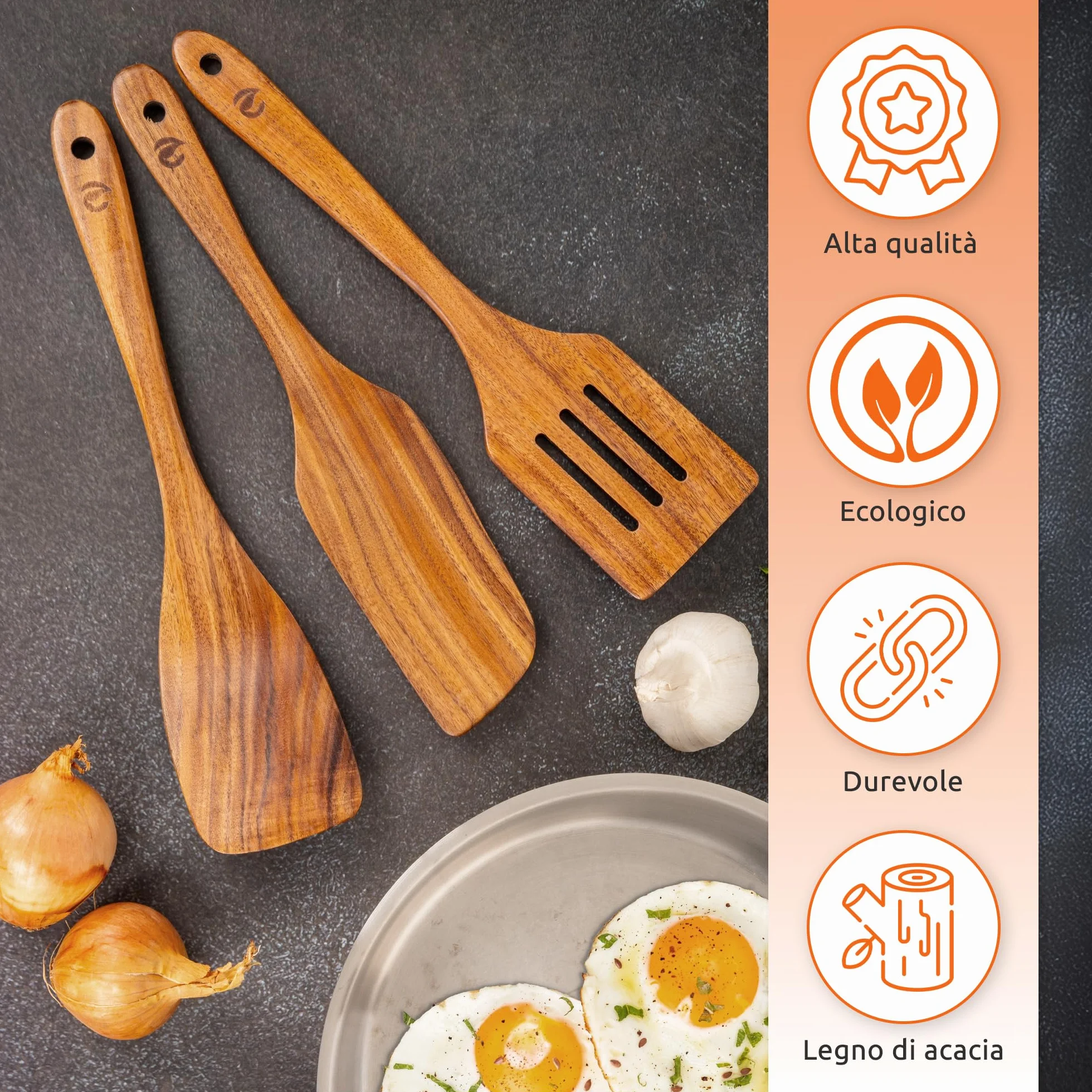 ECENCE Set di Spatole in Legno di Acacia 3 Pezzi - Resistenti al Calore per Padelle Antiaderenti