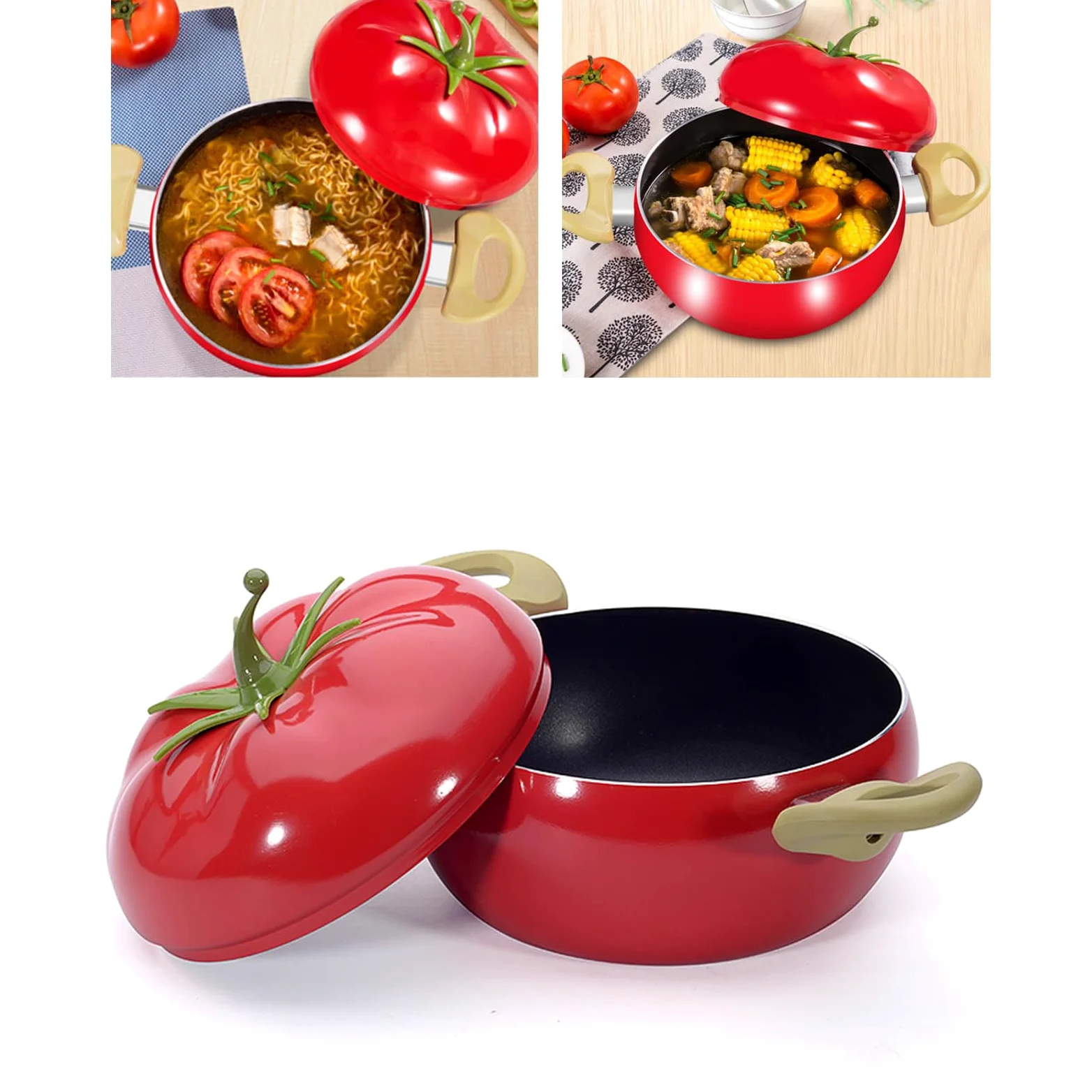Pentola in Ghisa Smaltata con Coperchio - Design a Forma di Pomodoro, Pentola Antiaderente per Zuppe e Pasta, Uso Versatile, Adatta per Gas e Induzione