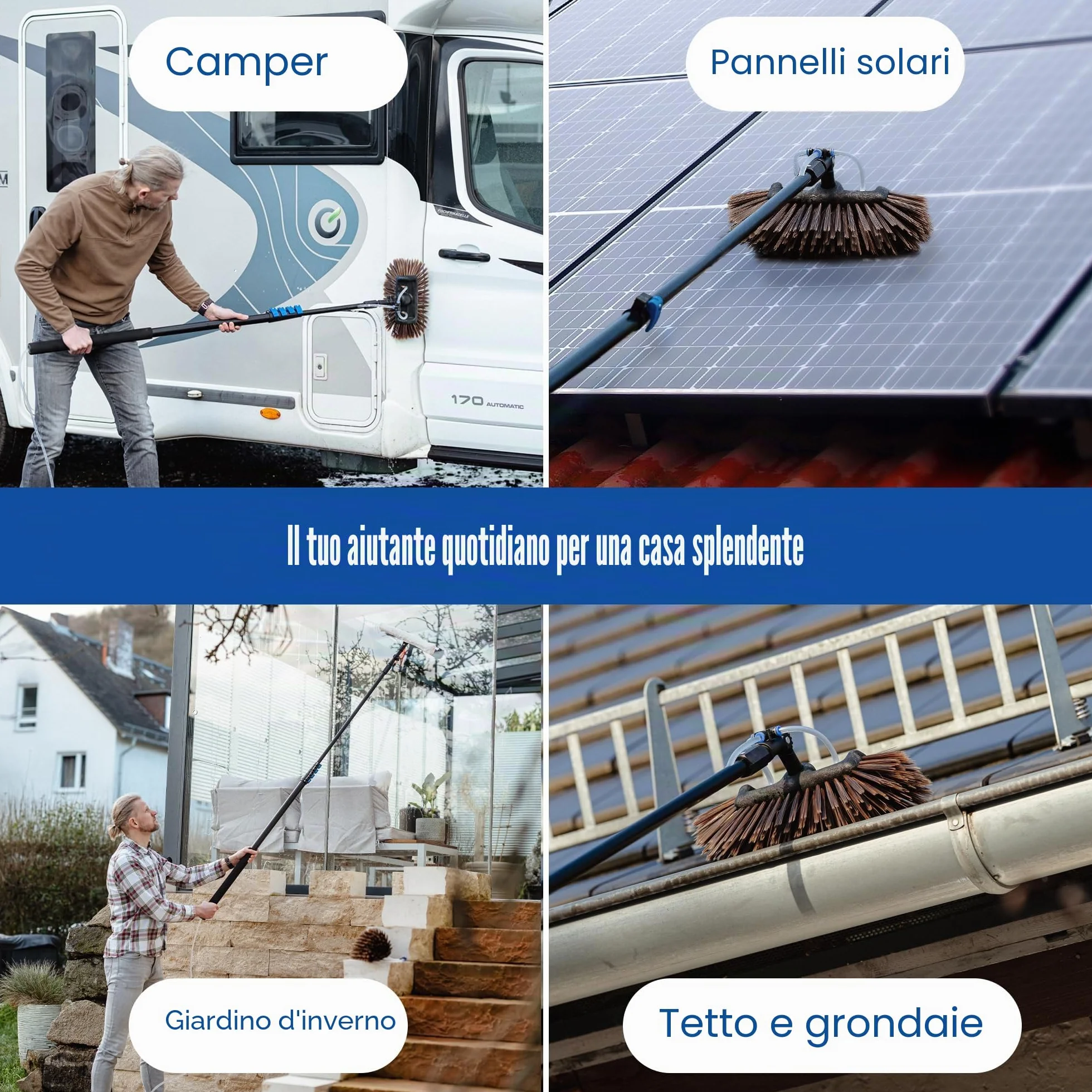 NTG Spazzola telescopica 1,68 – 7 m 3 in 1 con setole morbide + panno microfibra e estrattore acqua + dispenser sapone finestre, solare (fino a 4,6 m)