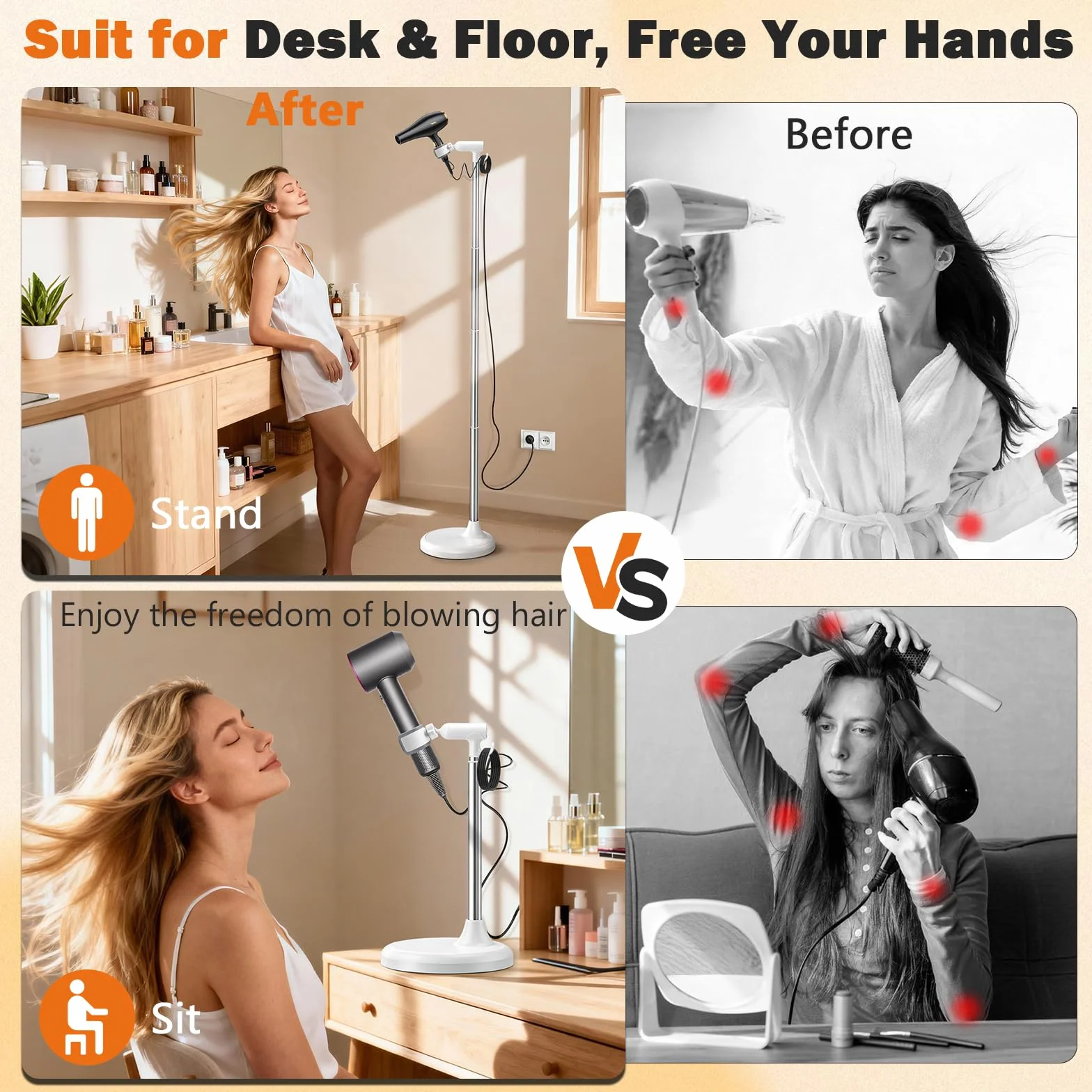 Supporto per Asciugacapelli da Pavimento, Regolabile in Altezza da 17 a 51 Pollici, Porta Asciugacapelli Senza Foratura Ruotabile a 360° per Bagno, Barbiere, Hotel