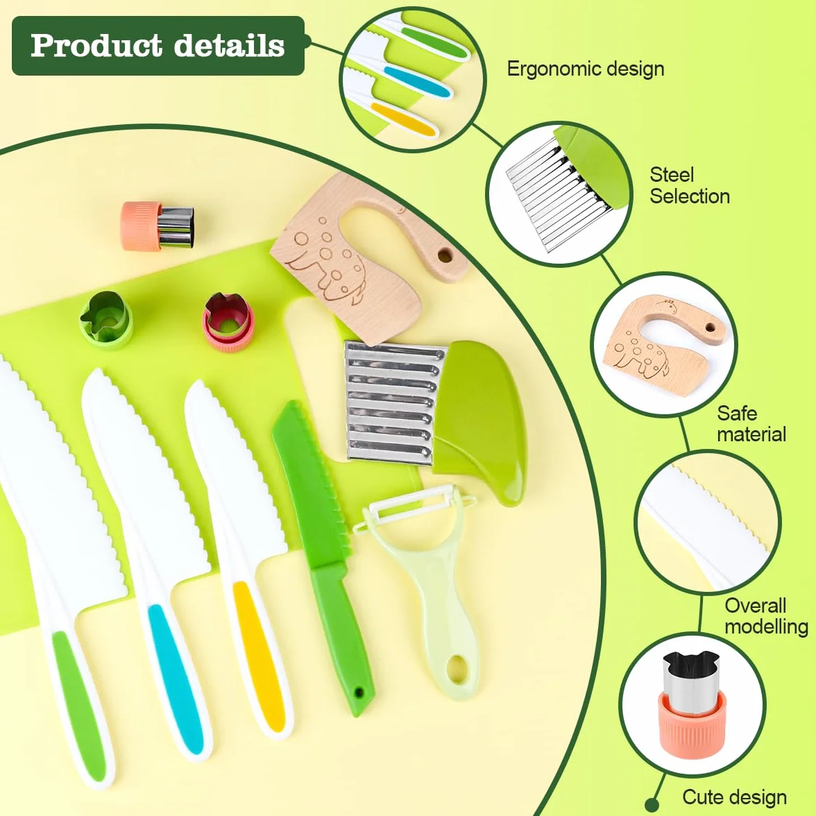 Set di 11 coltelli per bambini, coltello da cucina di sicurezza per bambini, set con formine per biscotti per verdure, coltello in legno, tagliere per bambini a partire dai 3 anni, set da cucina