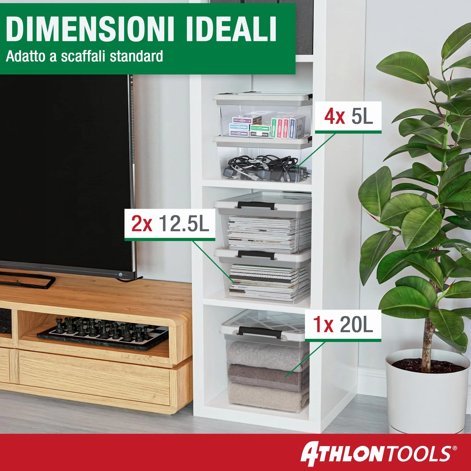 ATHLON TOOLS 4x 12,5L Scatole Plastica Trasparente con Coperchio Contenitori Impilabili per Alimenti