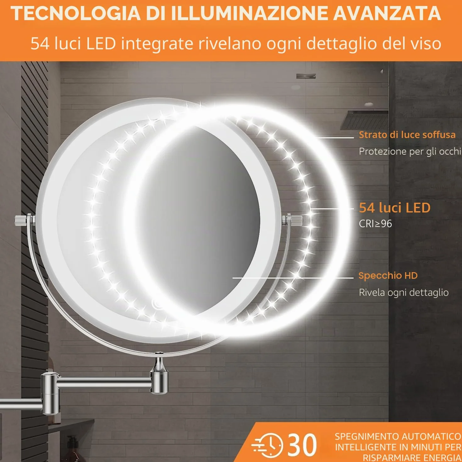 Auxmir Specchio Trucco con Ingrandimento 30X/1X, Specchio da Parete a 54 LED 3 Colori di Luce, Specchio Estensibile, Rotazione a 360°, Alimentato da Batterie Ricaricabile 3200mAh, per Bagno Hotel Spa